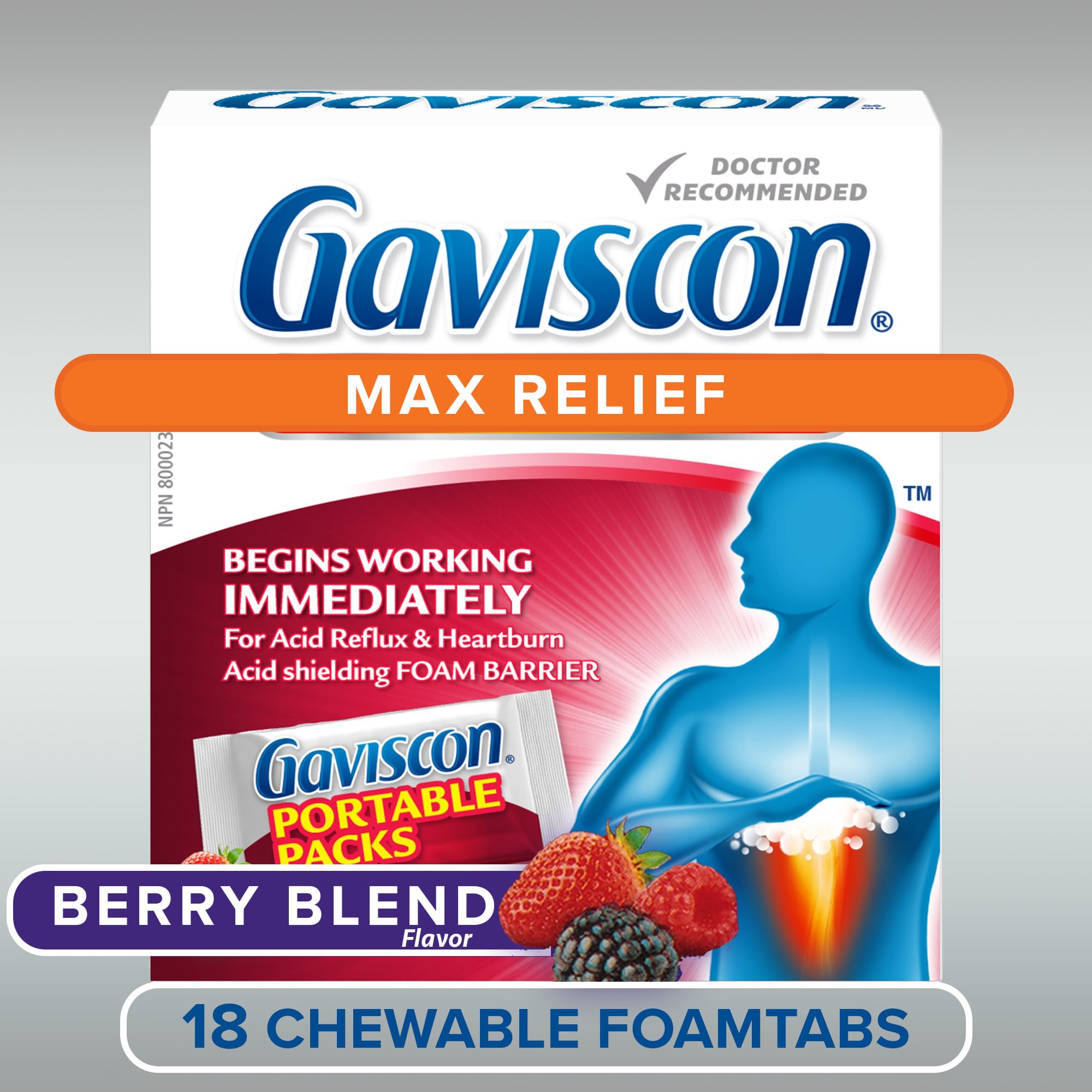 Gaviscon Max Relief Portable Tablets - 18 Count - Chewable Foaming Antacid Tablets for Day and Night Heartburn Relief, Acid Reflux and GERD Relief, Berry Blend - Free of Aluminum, Lactose and Gluten