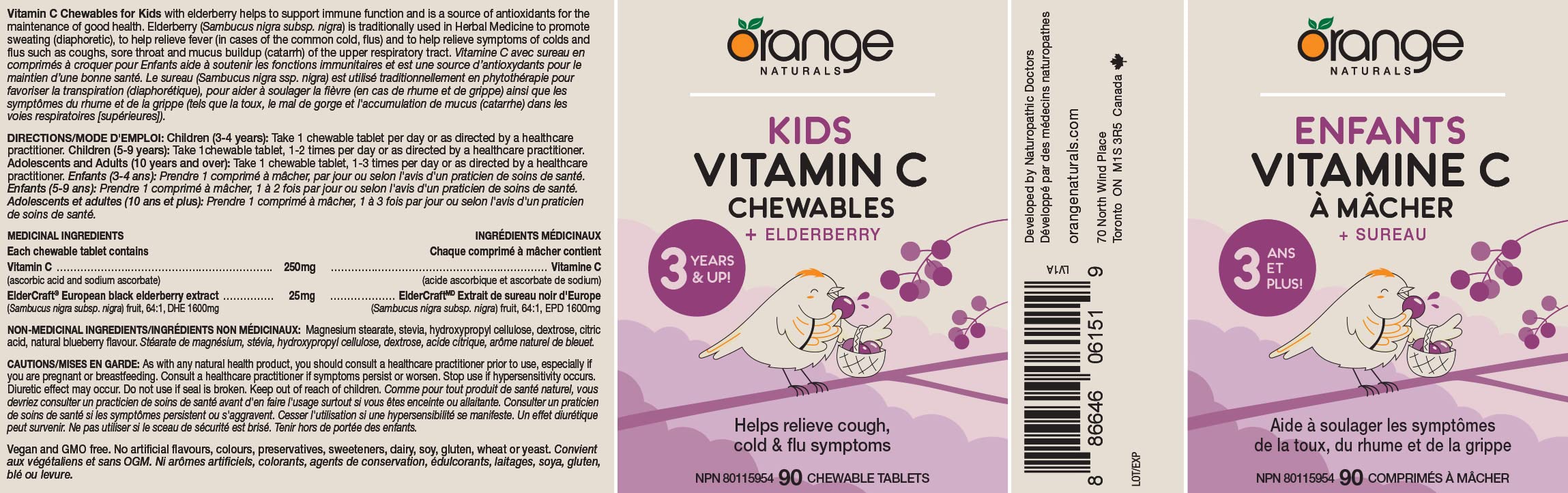Orange Naturals Kids Vitamin C + Elderberry, Vegan 90 Chewable Tablets, 90-Day Supply, Tasty Berry Flavor, Supports Overall Wellness and Provides Antioxidant Protection - Children Ages 3+