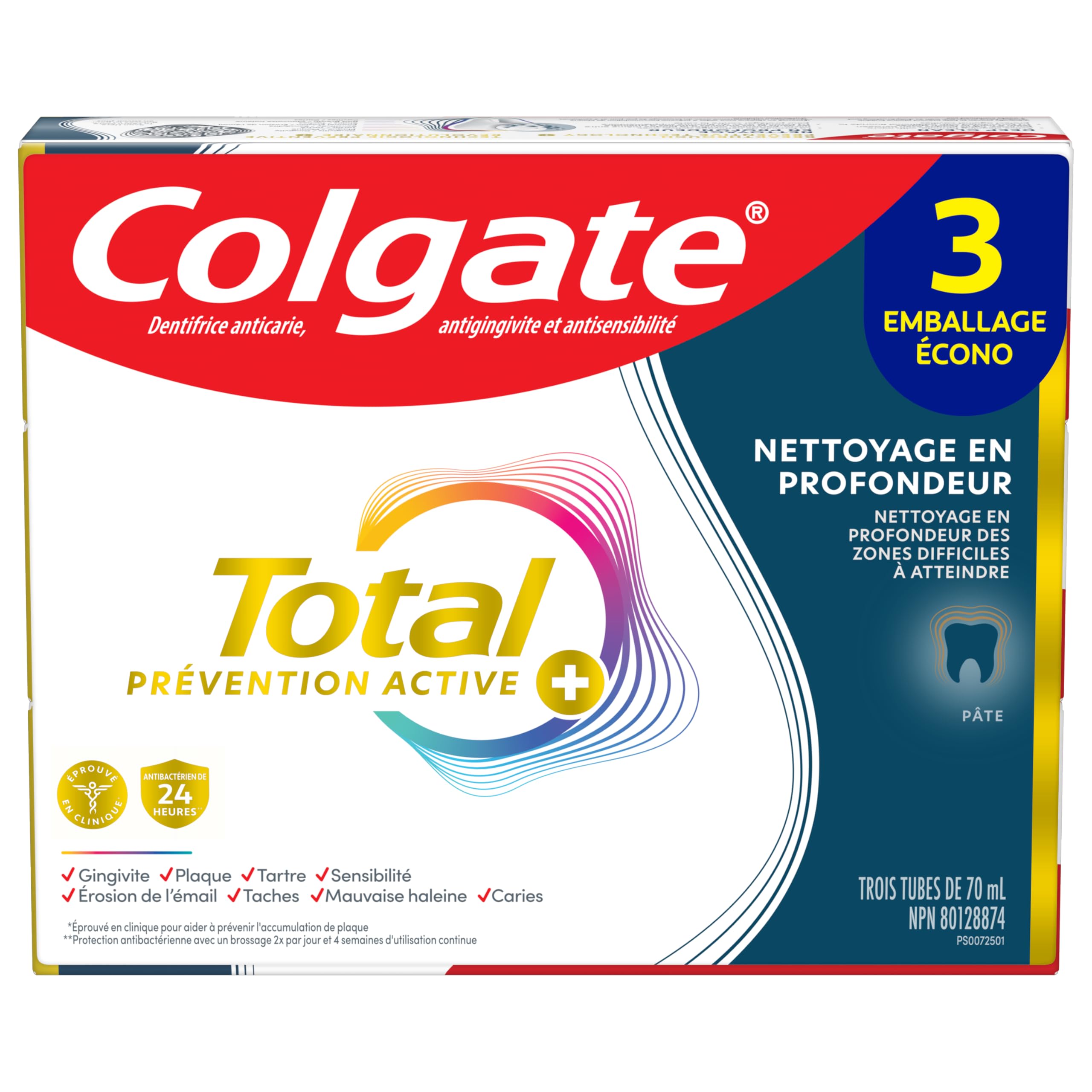Colgate Total Active Prevention Plus Deep Clean Toothpaste, Anticavity Fluoride Toothpaste, Helps Clean Hard-to-Reach Areas and Freshens Breath, Mint, 3 Pack, 70 mL
