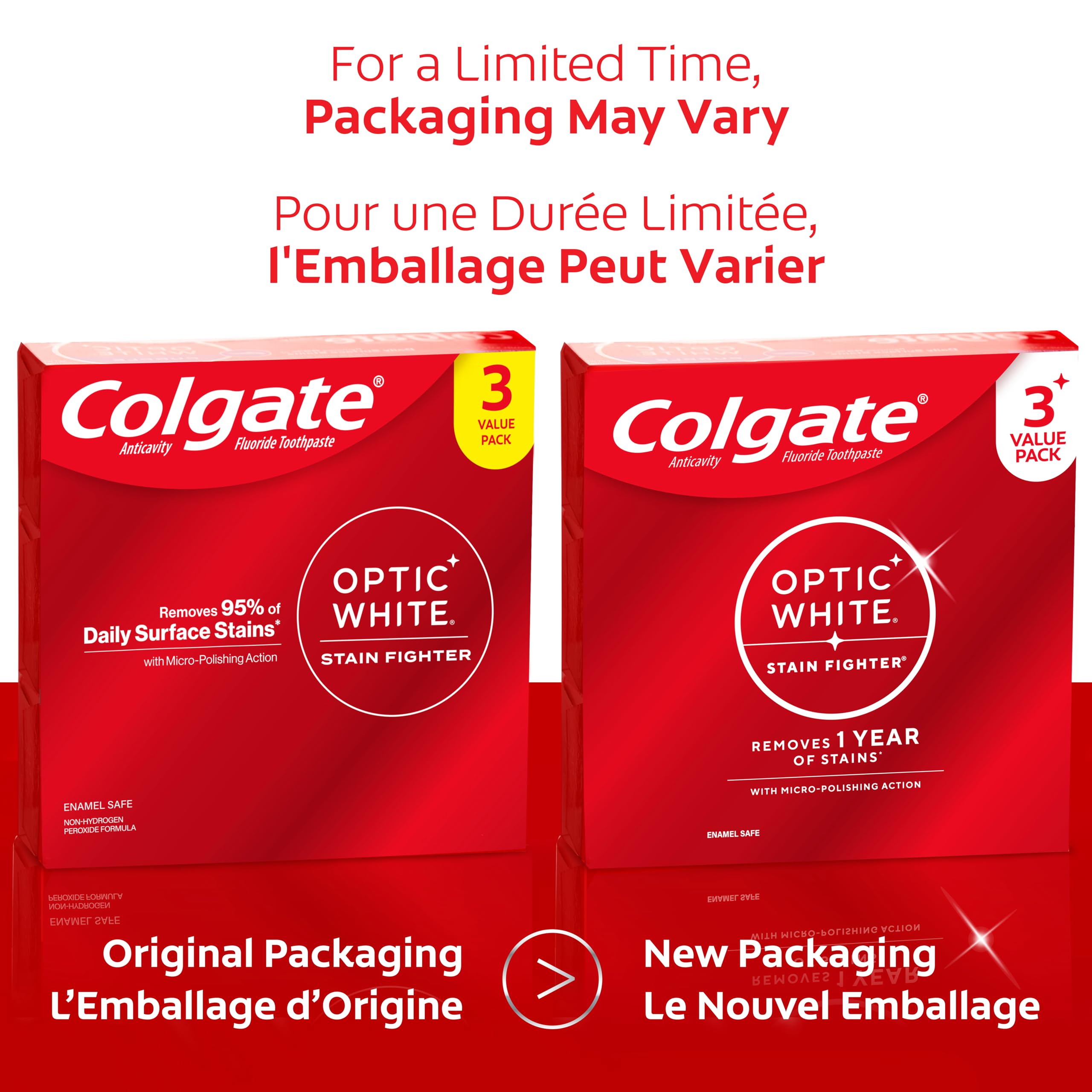 Colgate Optic White Stain Fighter Teeth Whitening Toothpaste, Fresh Mint Gel - 90 ml, 3 Pack