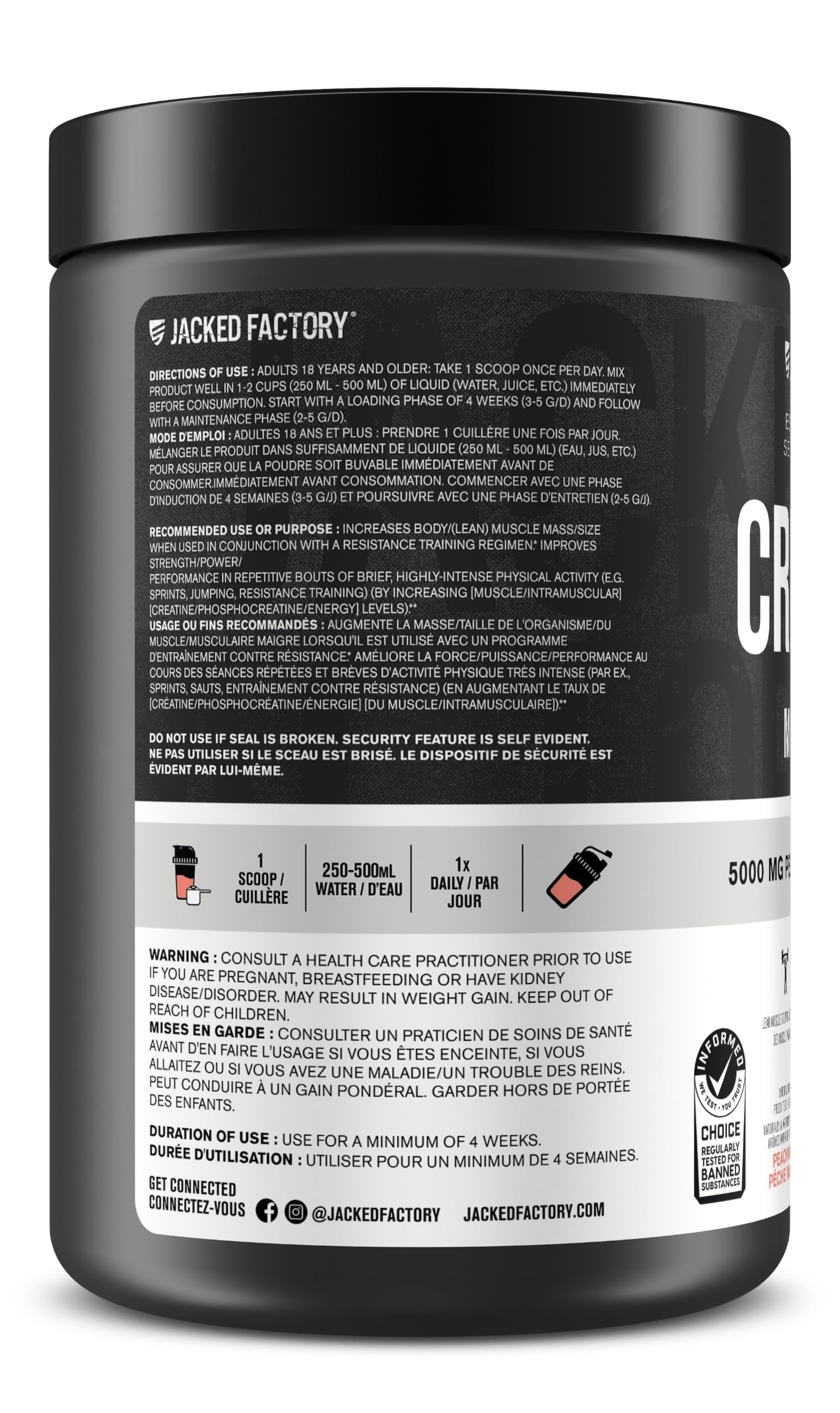 Jacked Factory Creatine Monohydrate Powder 569.5g - Canadian-Owned Informed Choice Certified Supplement for Increased Muscle Mass, Improved Strength, Power, and Performance* - 85 Servings, Peach Mango