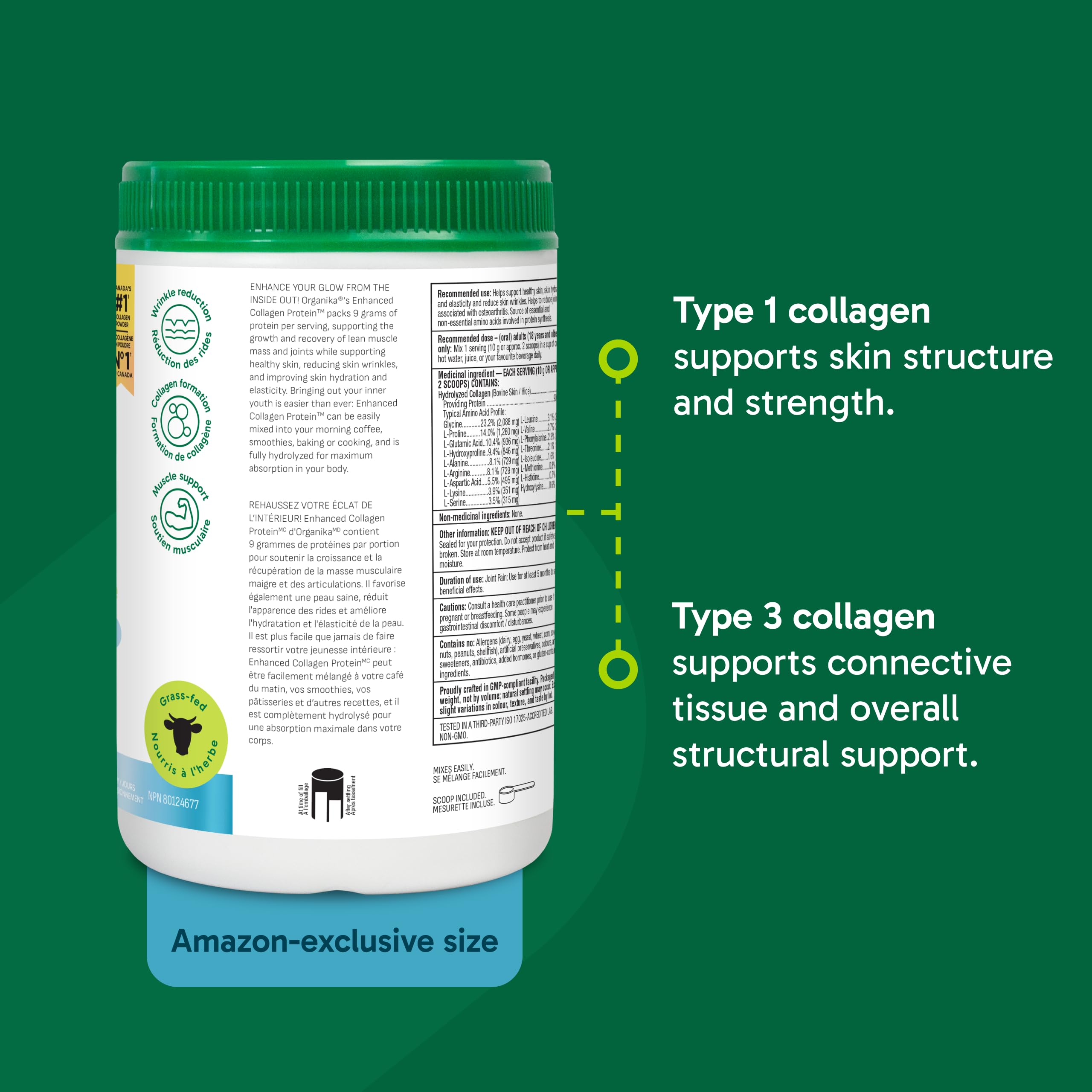Organika Enhanced Collagen Powder (Type 1 & 3) – 10g Per Serving for Hair, Skin, Nails & Joints – Canadian-Made, Grass-Fed, Non-GMO, 750g