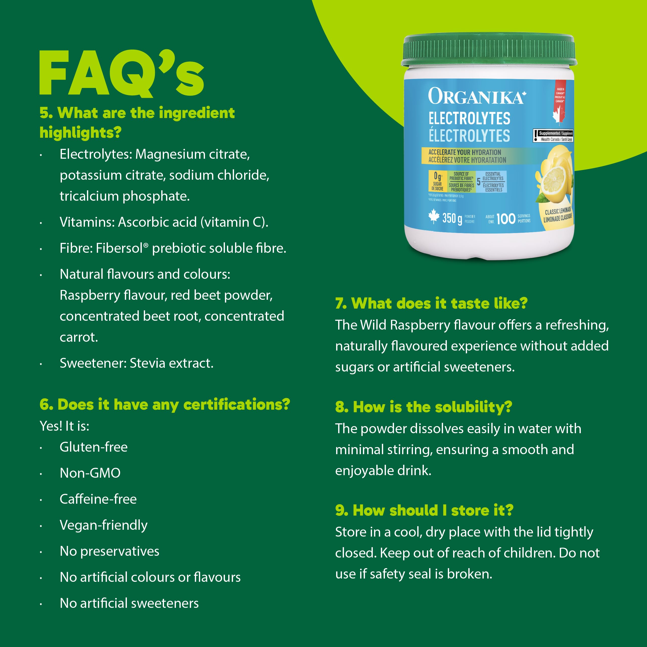Organika Canadian-Made Electrolytes Powder with Vitamin C & Prebiotic Fibre - Sugar-Free Hydration Drink Mix - Classic Lemonade - 350 g - 100 servings