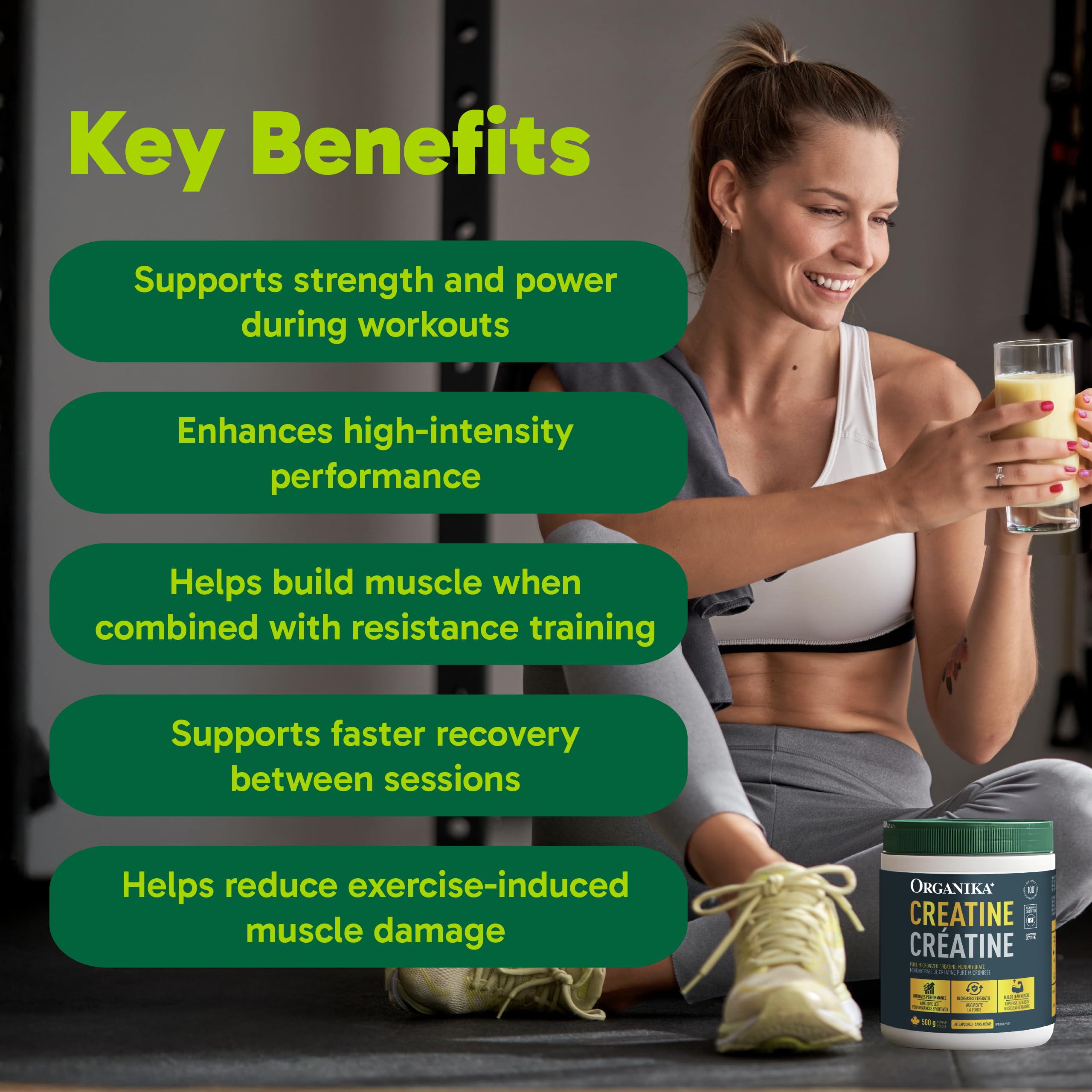 Organika Canadian-Made Creatine Powder - Pure Micronized Creatine Monohydrate - NSF Certified - Supports Strength, Muscle, Recovery and Performance for Men and Women - Unflavoured - 500g, 100 servings