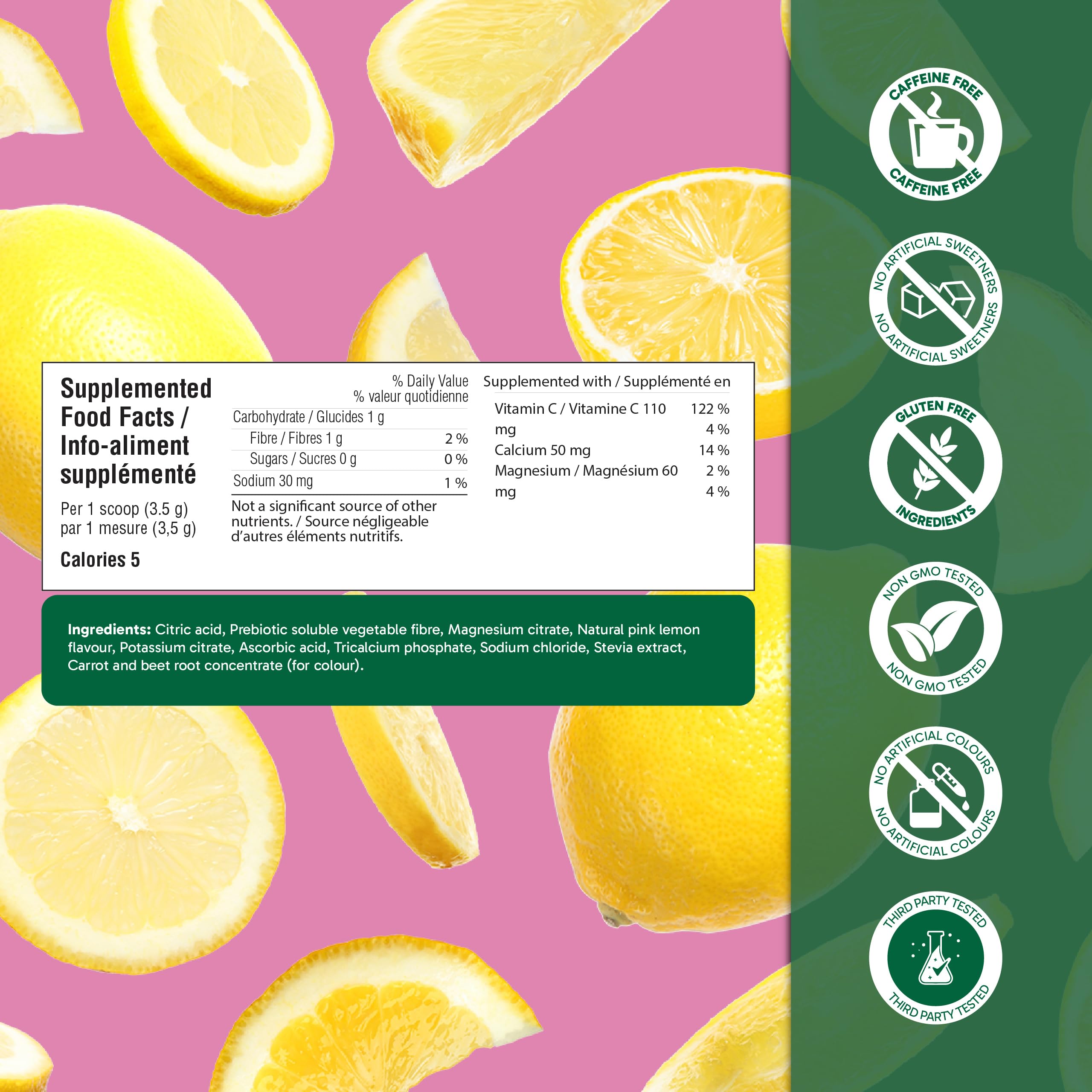 Organika Canadian-Made Electrolytes Powder with Vitamin C & Prebiotic Fibre - Sugar-Free Hydration Drink Mix - Pink Lemonade - 210 g - 60 servings