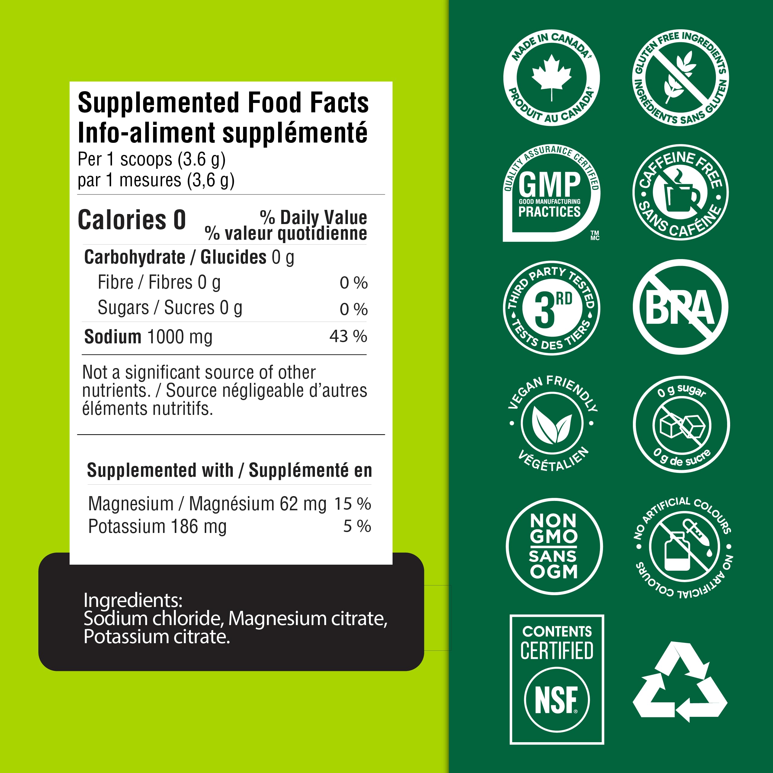 Organika Canadian-Made Electrolytes Extra-Strength Powder, NSF Certified, Unflavoured, 1000 mg Sodium, Sugar-Free Hydration & Recovery, 162g, 45 Servings