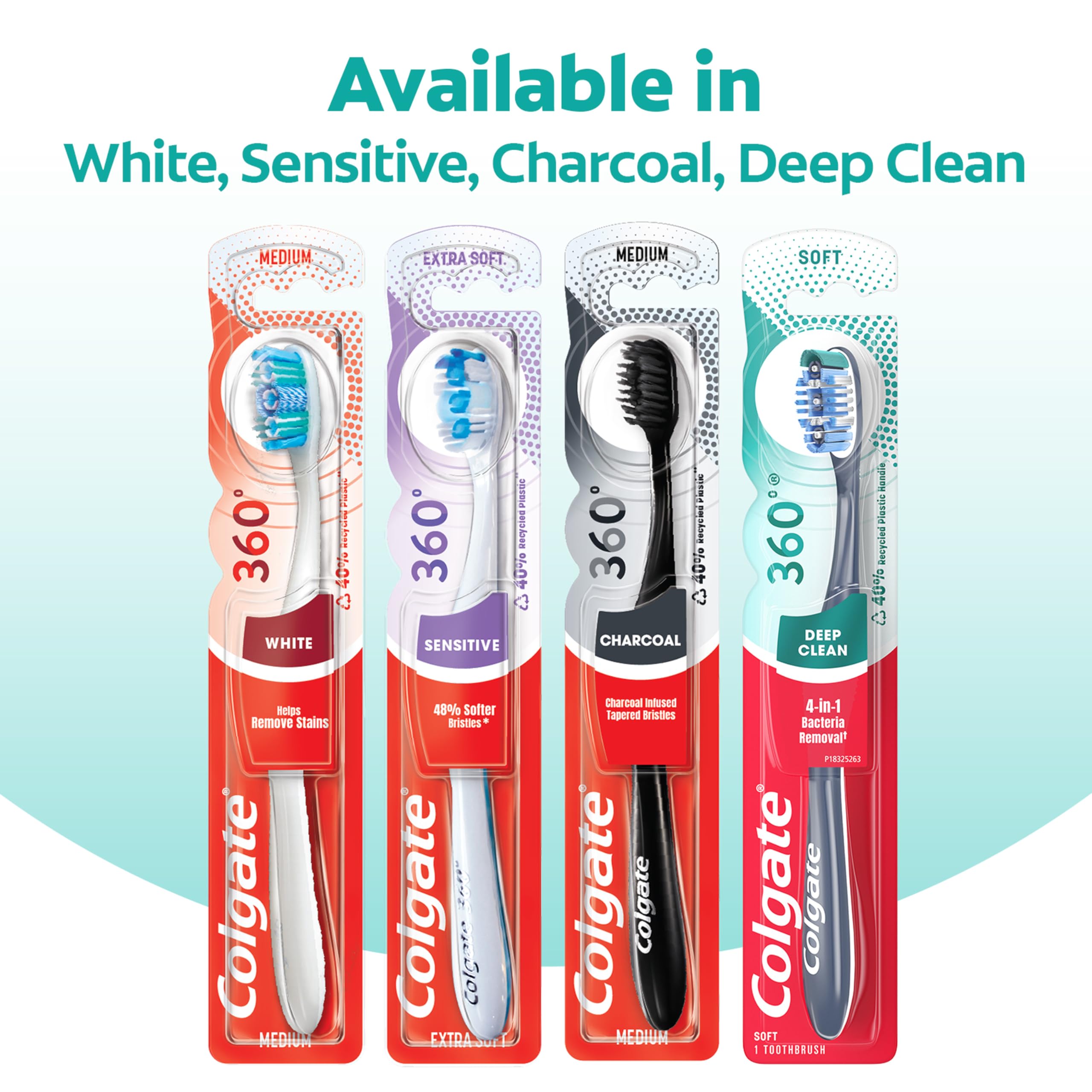Colgate 360 Adult Toothbrush, Medium (Pack of 4), Experience Deep Clean, 4-in-1 Bacteria Removal, Multiheight Floss-Tip Bristle Design Cleans Between Teeth