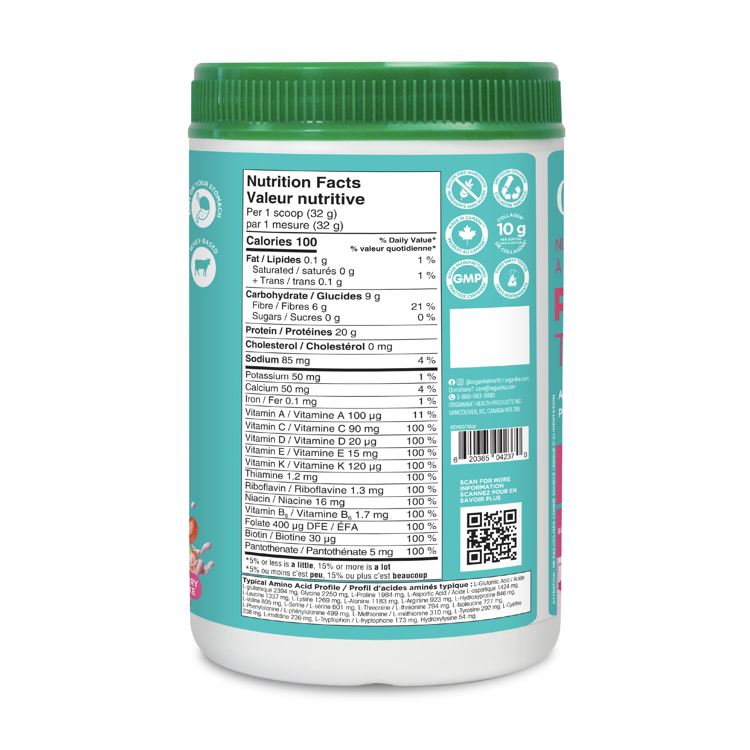Organika All-in-One Strawberry Shortcake Protein Powder with 20g Protein,15 Vitamins & Minerals from Real Fruits & Veggies,5 Billion CFU Probiotics,4g Prebiotic Fiber, Digestive Enzymes,1g Sugar- 640g
