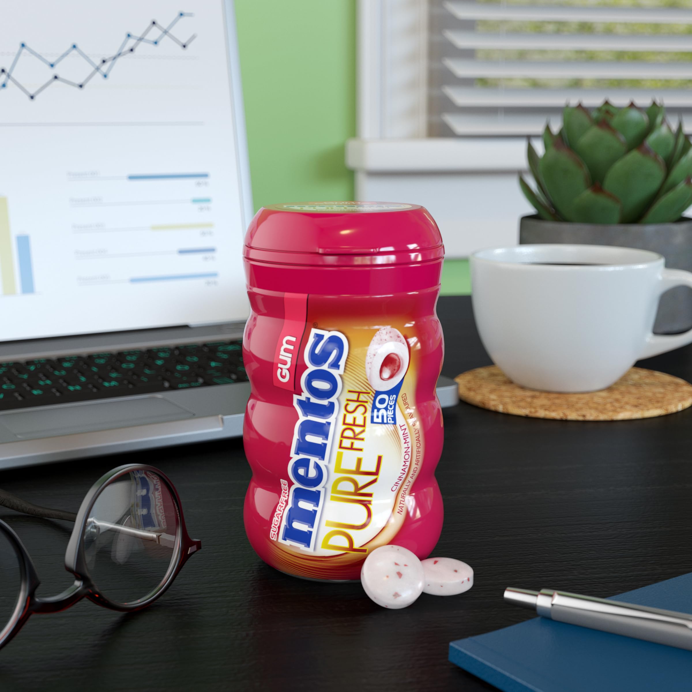 Mentos Pure Fresh, Cinnamon Sugar-free Gum - Pack of 6 Bottles (300 Pieces)