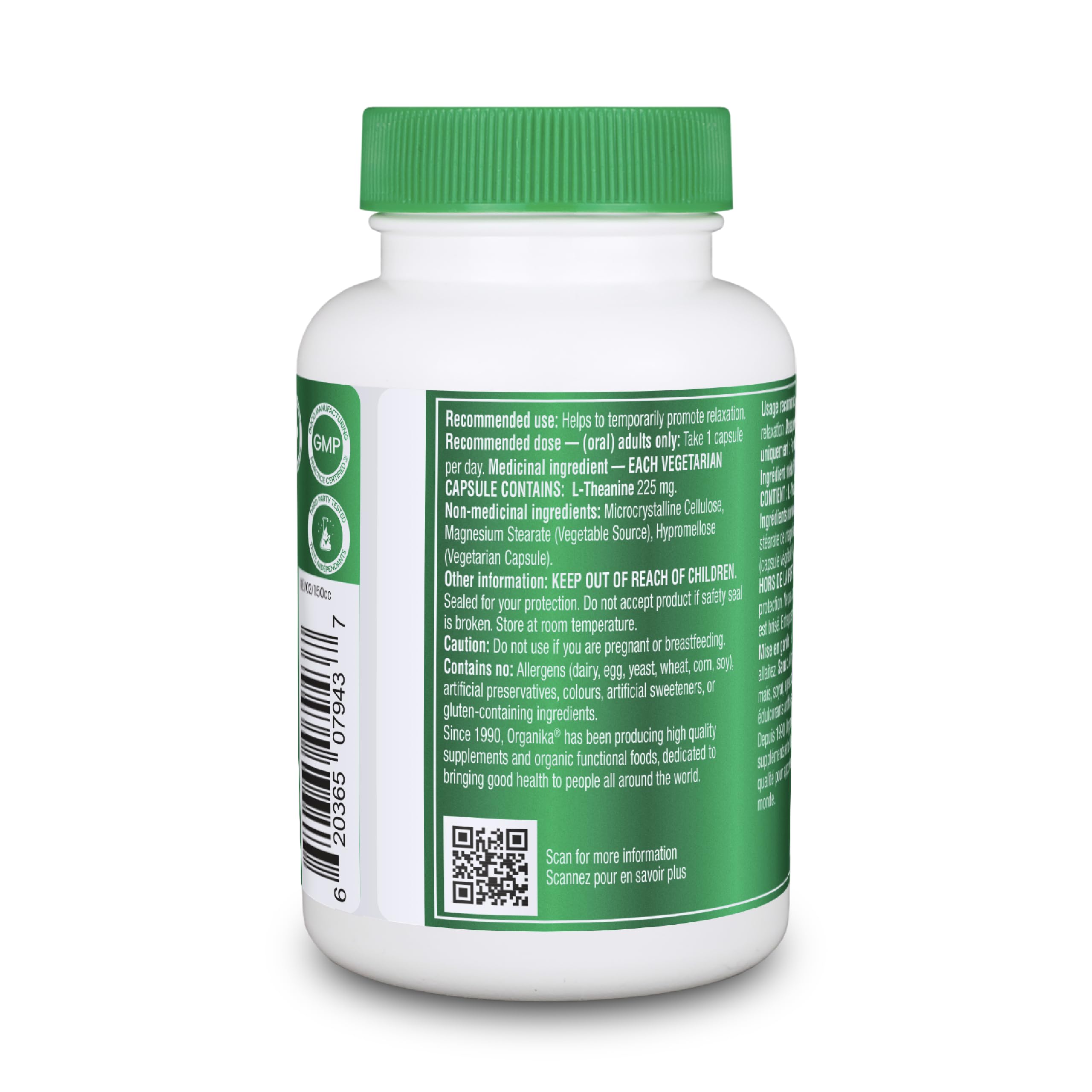 Organika Canadian-Made L-Theanine Bonus Size 225mg-Relaxation Promotion Without Drowsiness, Stress Support, Pure Natural Source, Fast Acting- 110caps