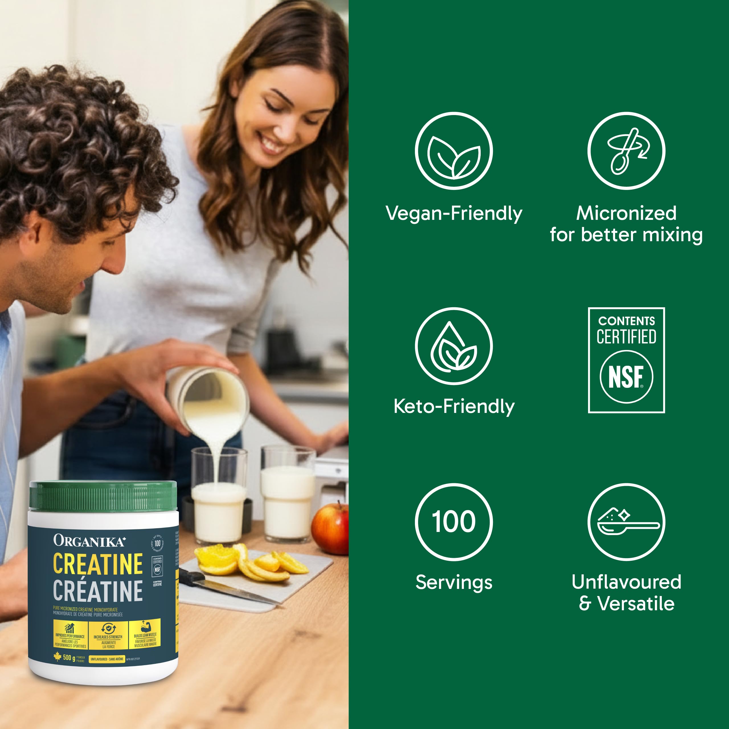 Organika Canadian-Made Creatine Powder - Pure Micronized Creatine Monohydrate - NSF Certified - Supports Strength, Muscle, Recovery and Performance for Men and Women - Unflavoured - 500g, 100 servings