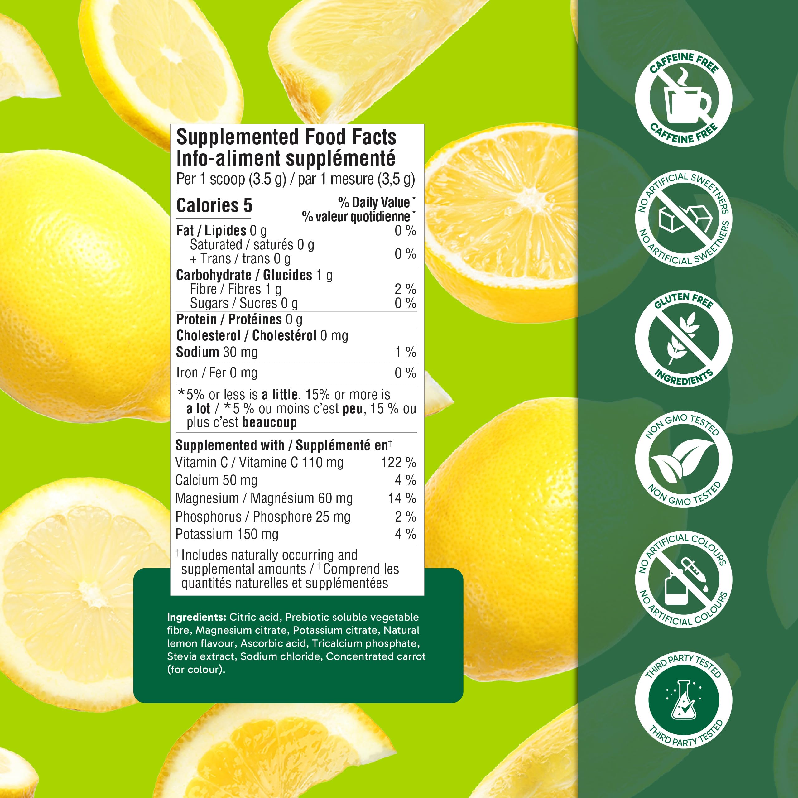 Organika Canadian-Made Electrolytes Powder with Vitamin C & Prebiotic Fibre - Sugar-Free Hydration Drink Mix - Classic Lemonade - 210 g - 60 servings