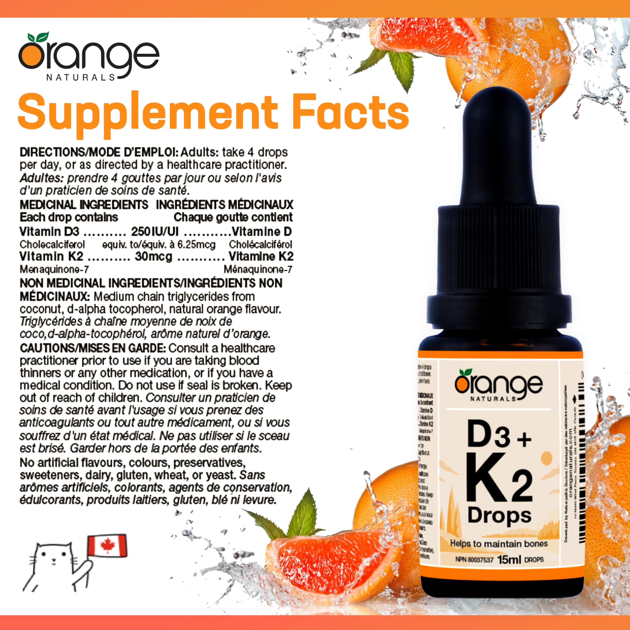 Orange Naturals - Vitamin D3+K2 Drops 250IU 15ml, 75-Day Supply - Natural Orange Flavour - Support Bone, Teeth Health, Maintain Muscle, Enhanced Absorption and Prevent D Deficiency Cholecalciferol