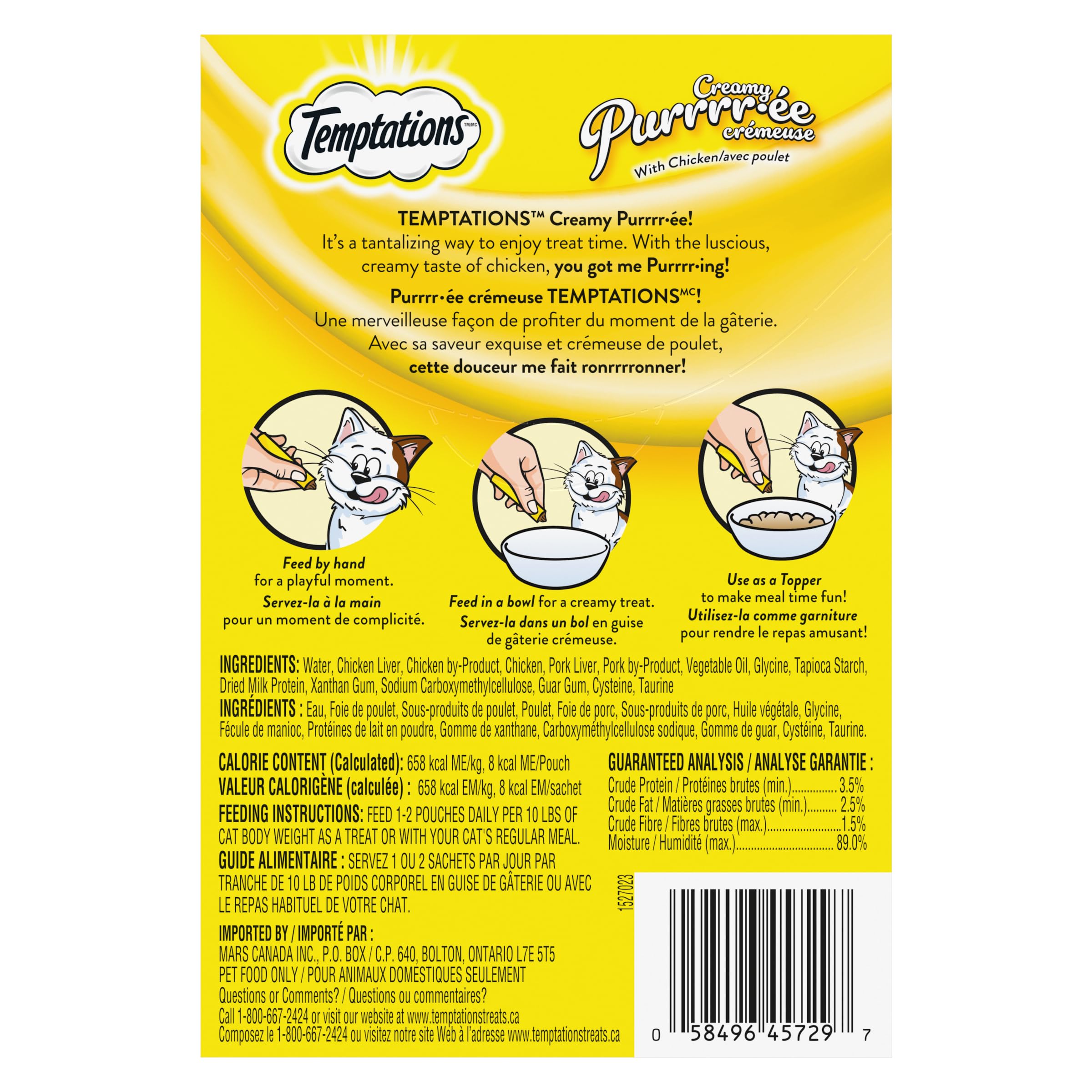 TEMPTATIONS Creamy Puree Cat Treats, Chicken, Lickable Cat Treat, Smooth & Creamy, Healthy, Made with Real Meat, Single-Serve, 44 Servings 2g Each (11 Packs of 4 Pouches)