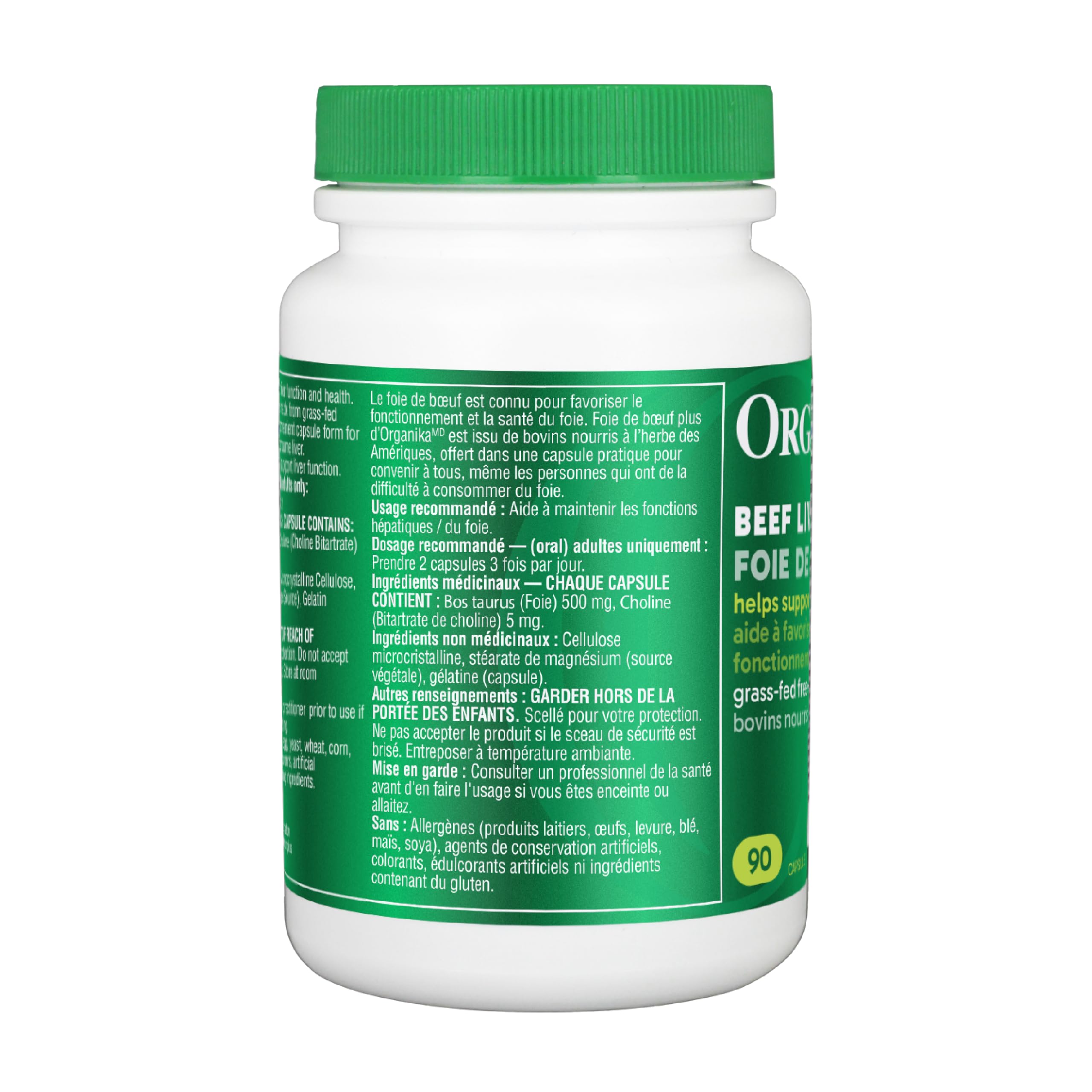 Organika Beef Liver Plus Choline- Sourced from Grass-Fed + Finished Cattle, Pasture Raised, High in Vitamins and Minerals, Supports Liver Function, Energy Levels, and Immunity- 90caps