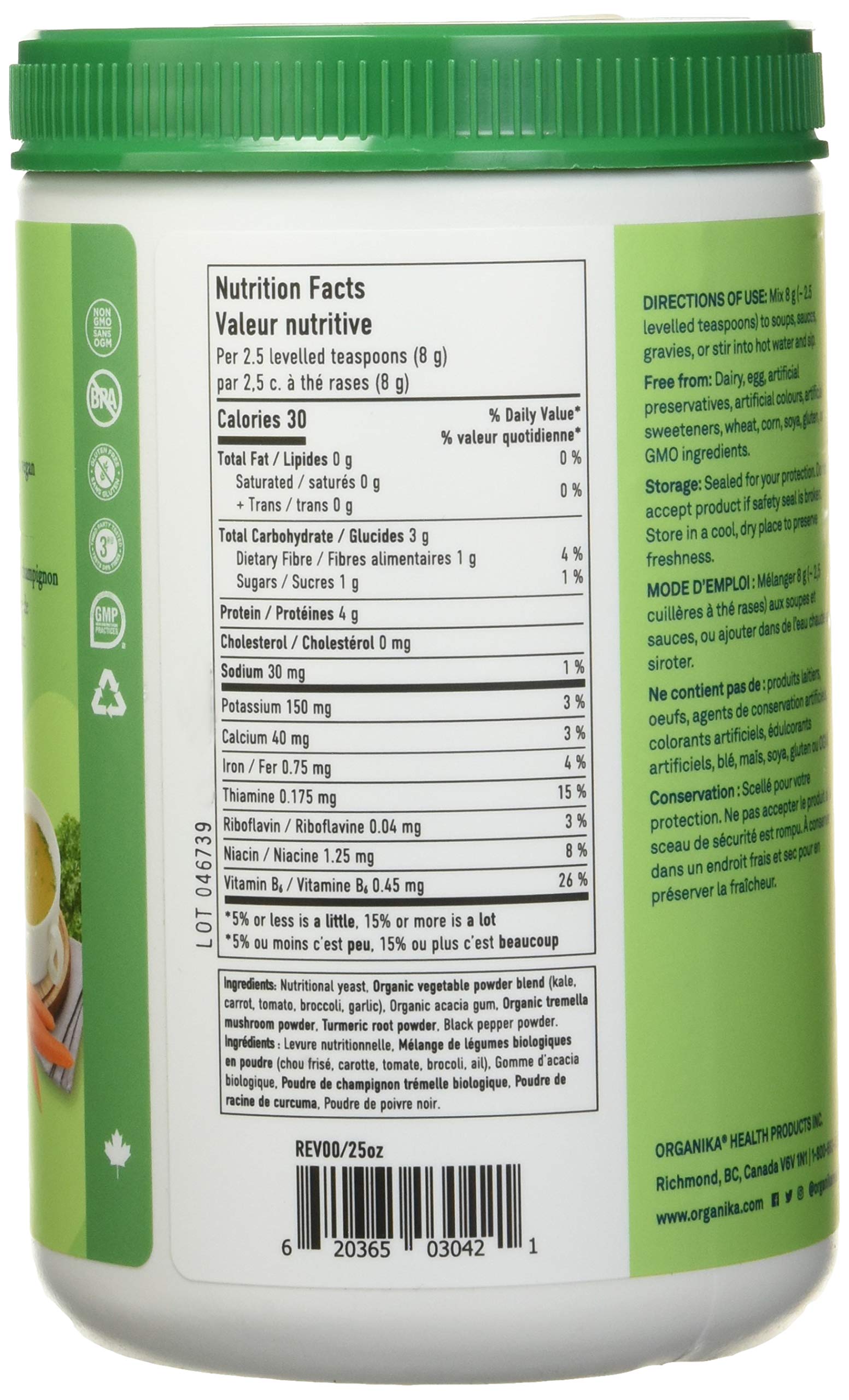 Organika Canadian-Made Veggie Broth Powder - Protein-Rich Blend Of Organic Vegetables With Tremella Mushroom, B Vitamins And Nutritional Yeast | Vegan Source Of Protein, Vitamins and Minerals - 300g