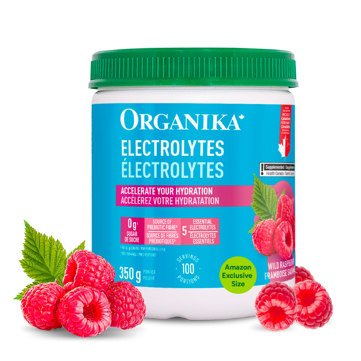 Organika Canadian-Made Electrolytes Powder with Vitamin C & Prebiotic Fibre - Sugar-Free Hydration Drink Mix - Wild Raspberry - 350 g - 100 servings