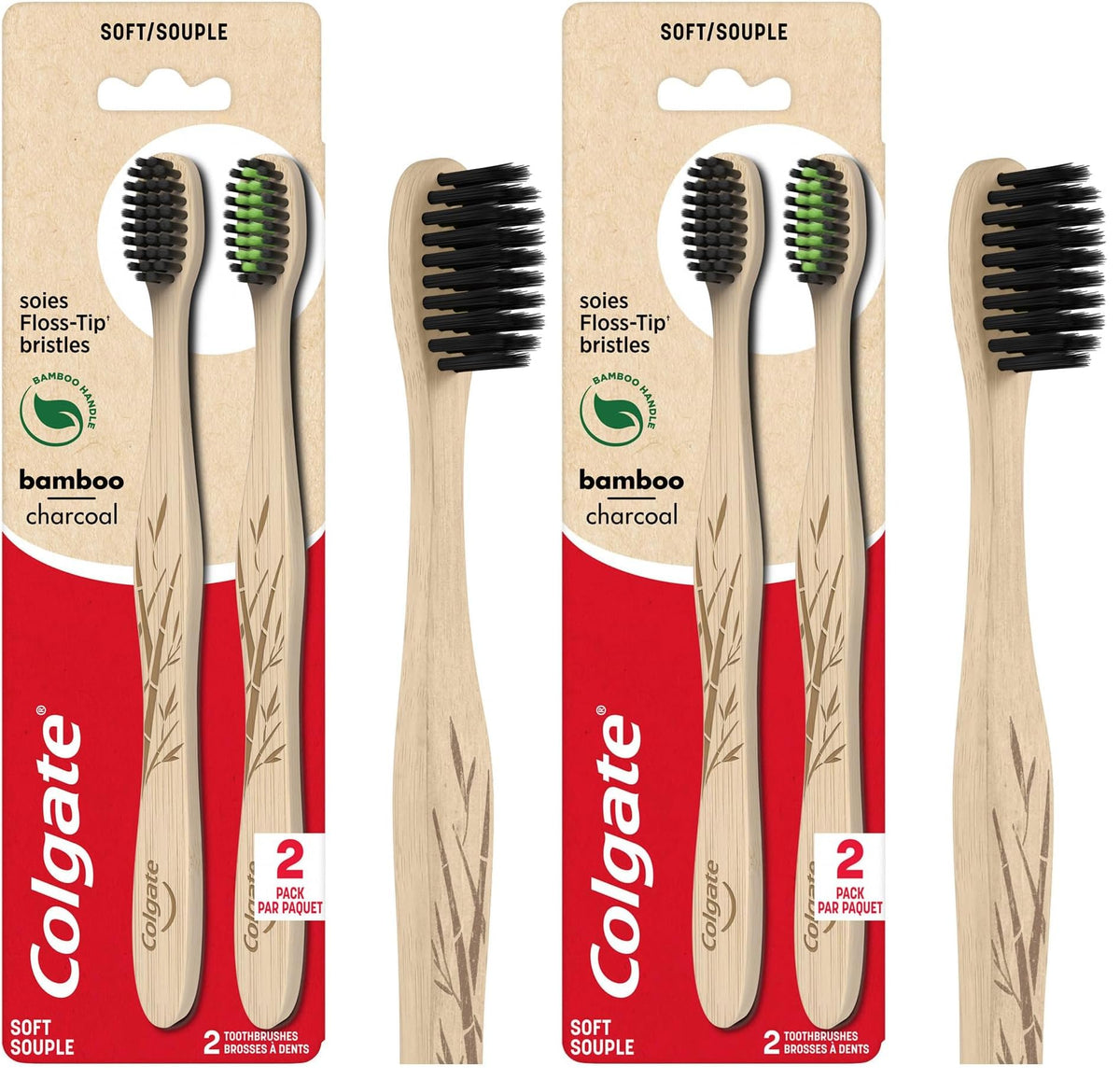 Colgate Bamboo Soft Bristle Full Size Toothbrush (4 Pack) with Floss-Tip Bristles, BPA Free, Eco-Friendly Toothbrush, Natural Bamboo Handle, Gentle on Gums, Sustainable Oral Care