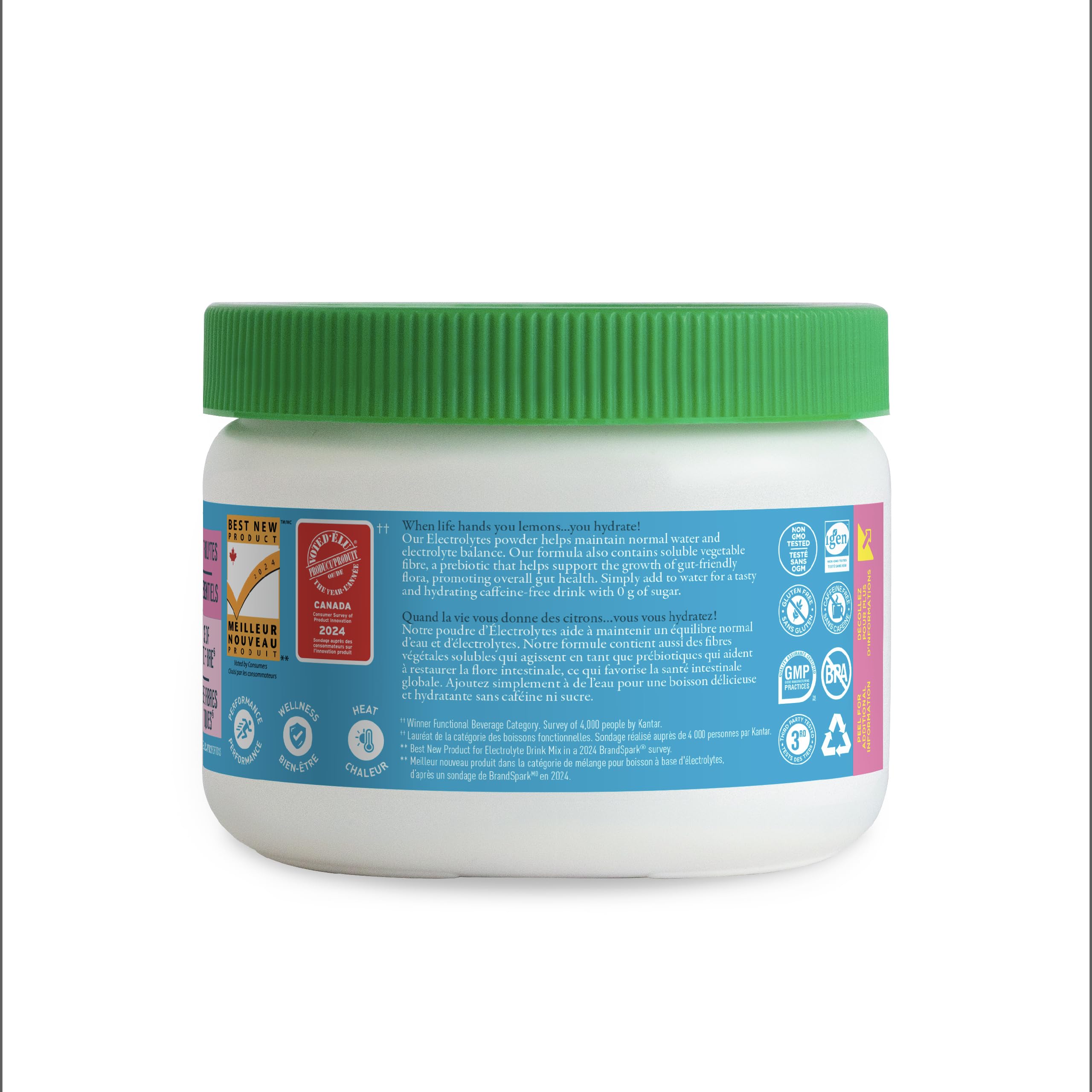 Organika Canadian-Made Electrolytes Powder with Vitamin C & Prebiotic Fibre - Sugar-Free Hydration Drink Mix - Pink Lemonade - 210 g - 60 servings