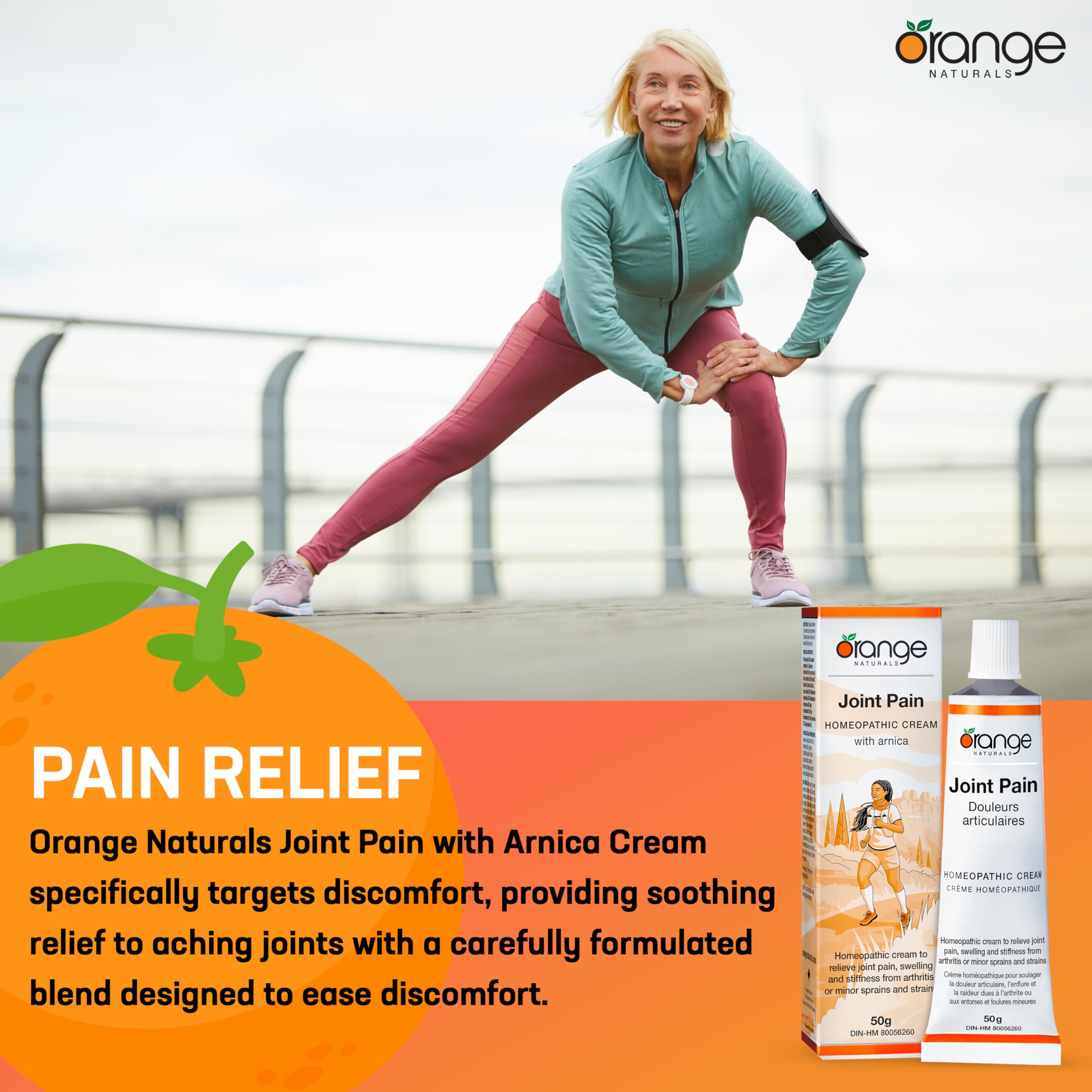Orange Naturals Joint Pain Cream with Arnica, 50g – Soothing Relief for Muscle Strains, Bruising, Swelling & Sprains, Knee & Shoulder Pain – Non-Greasy Cream for Everyday Comfort