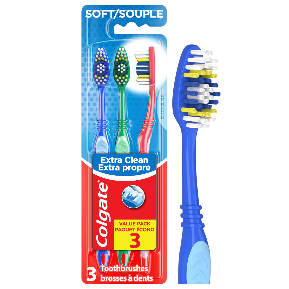 Colgate Extra Clean Toothbrush, Soft, 3 Count, Multi Color (55005)