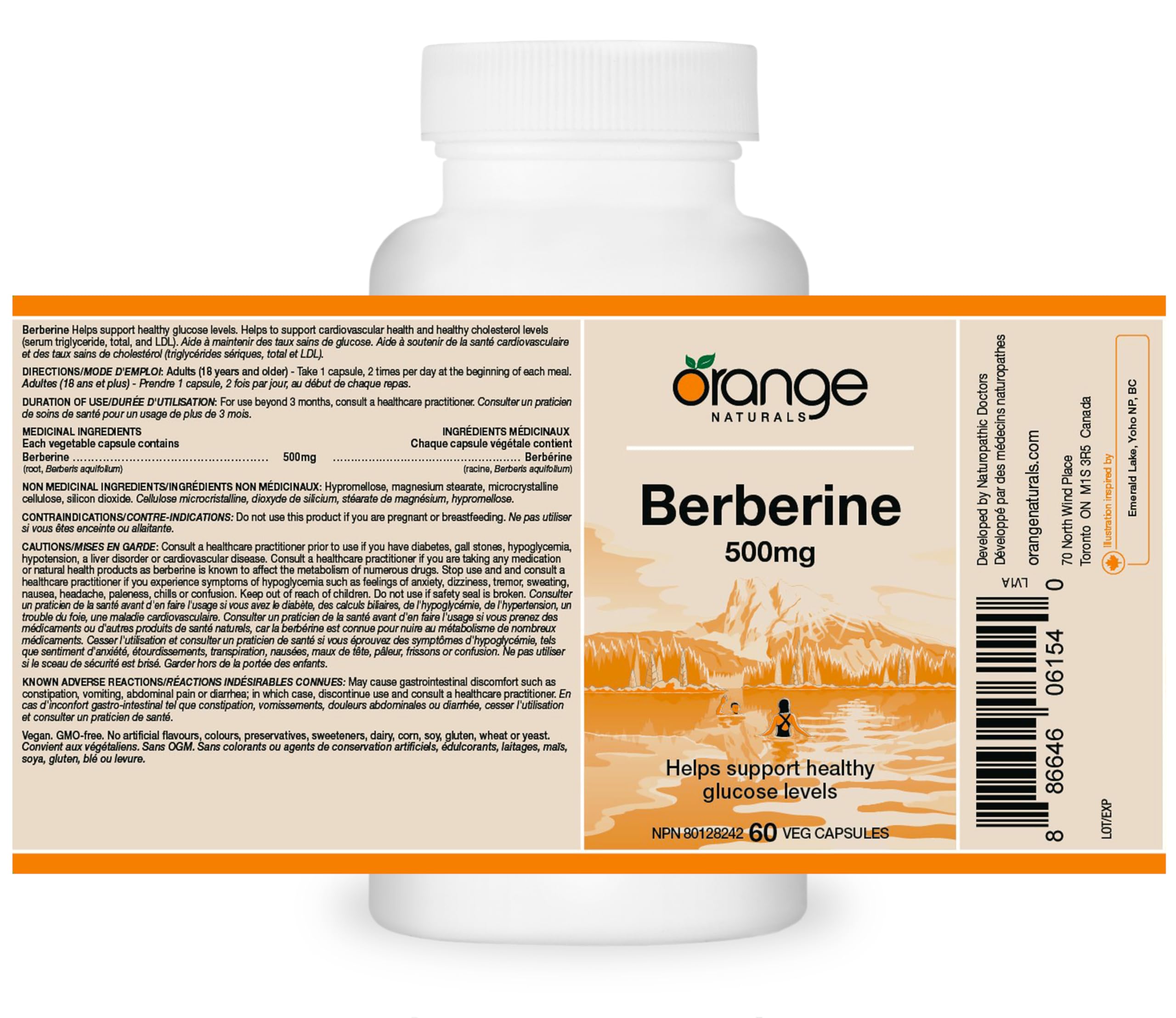 Orange Naturals - Berberine 500mg, 60 Capsules 30-Day Supply - Berberine Helps Support Healthy Glucose Levels, Cholesterol Levels & Cardiovascular Health - Vegan & Non-GMO - Natural Metabolic Support