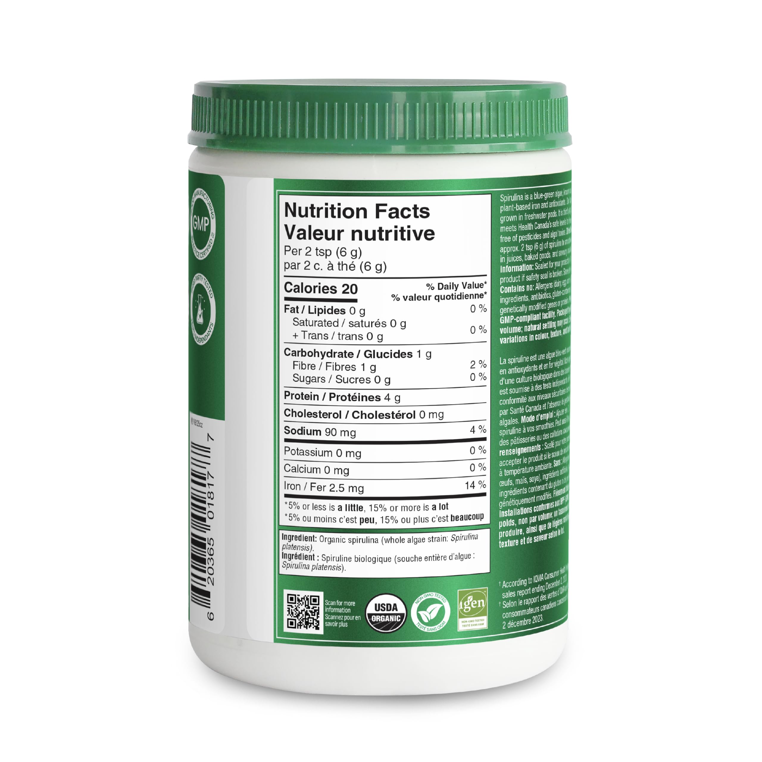 Organika Canadian-Made Certified Organic Spirulina Powder- Superfood, 3rd Party Tested, Pristine Sourcing, Vegan- 300g