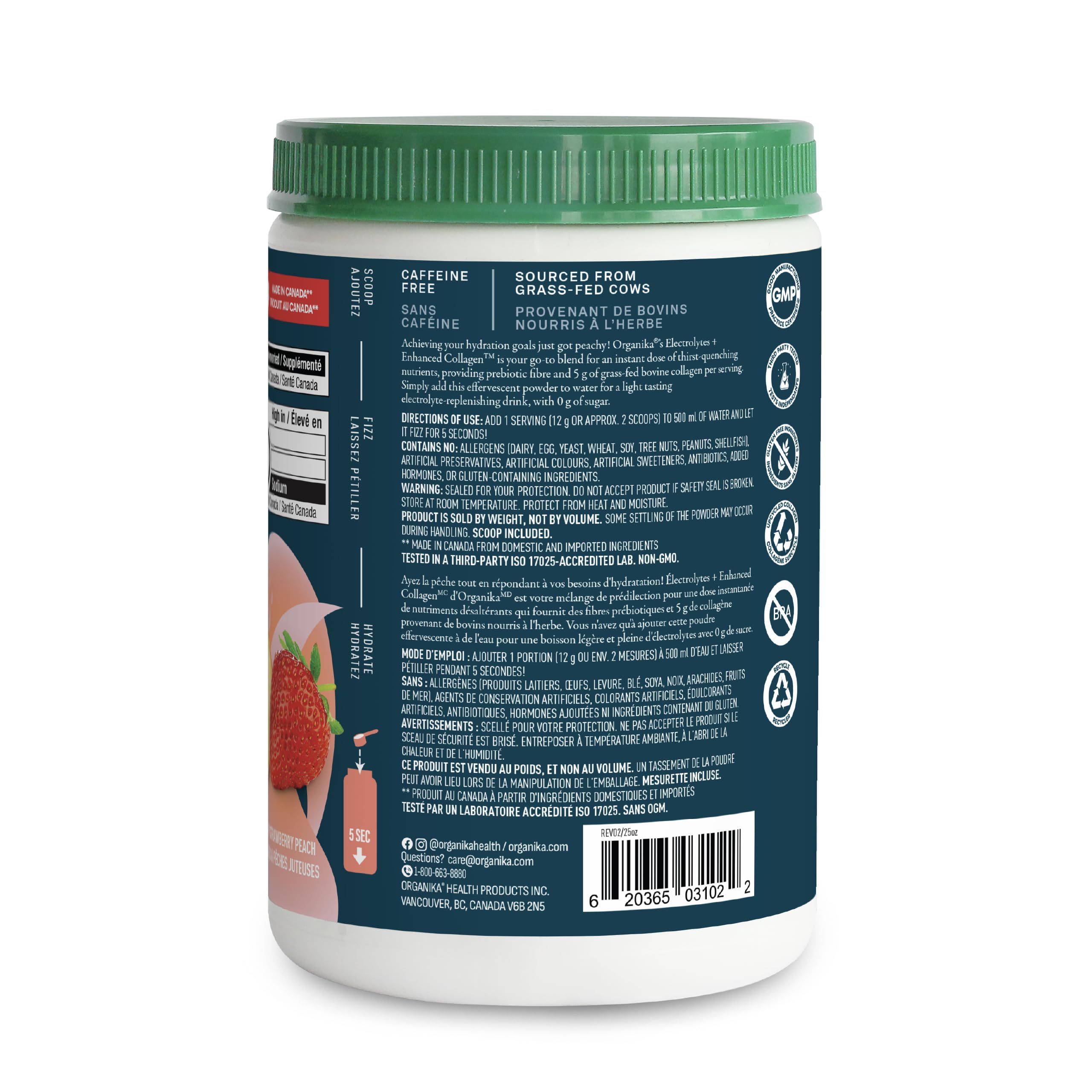 Organika Canadian-Made Electrolytes + Enhanced Collagen - Strawberry Peach Flavour - Sugar-Free Hydration | 5g Protein + 100% of Daily Vitamin C - 360g, 30 Servings