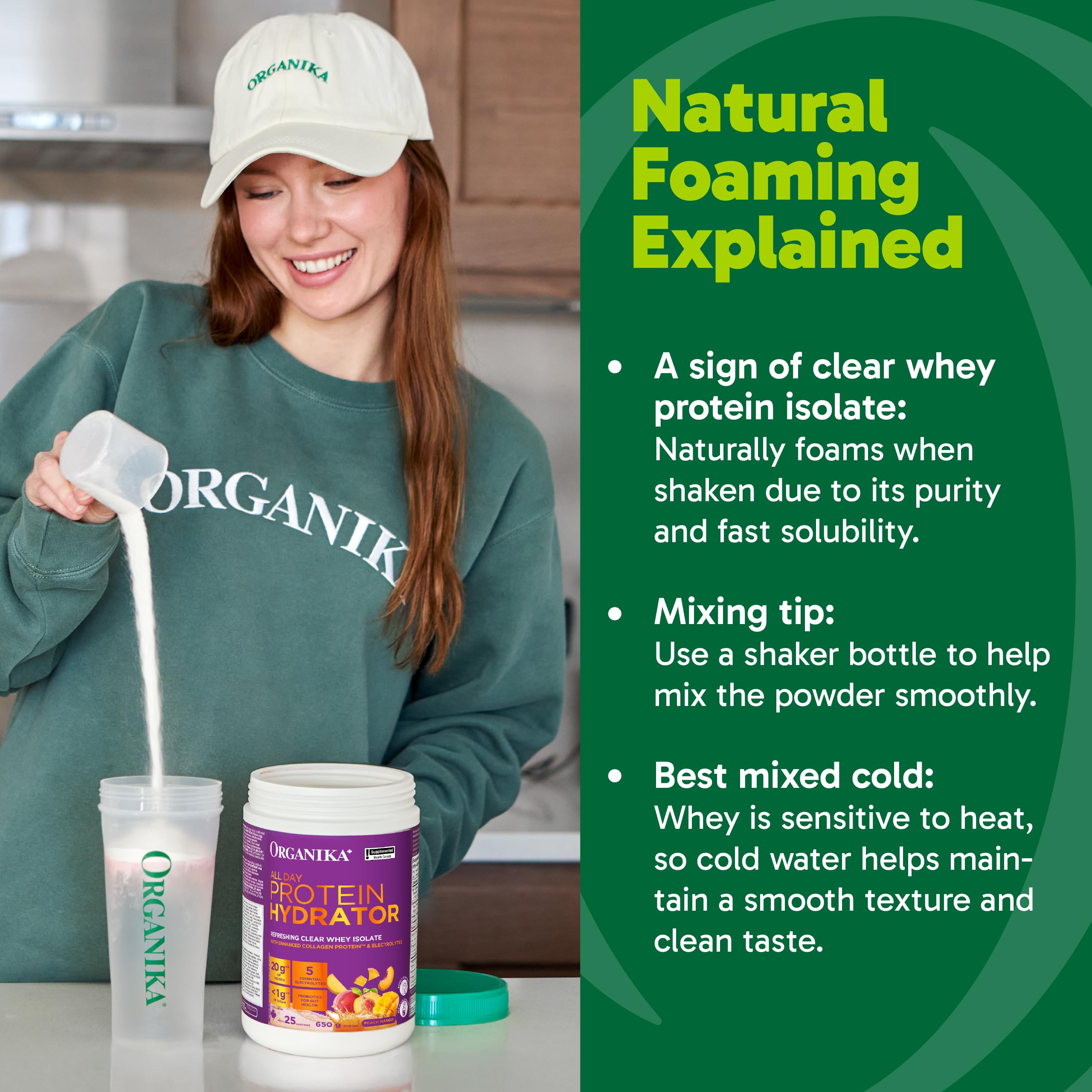 Organika Canadian-Made Protein Hydrator- Peach Mango Flavour- Clear Whey Protein Isolate with Collagen, Electrolytes, and Probiotics. Easy to Digest, 20g Protein Per Serving- 650g