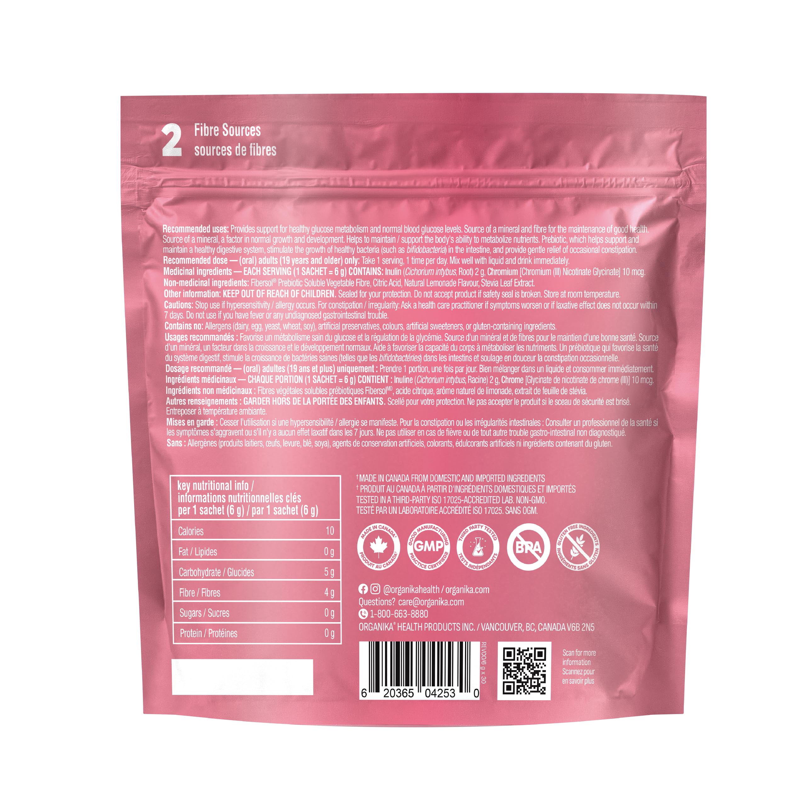 Organika Canadian-Made Belli Bliss Fibre + Glucose | High Fibre Blend, Chromium for Glucose-Balancing | Supports Digestive Health, Constipation Relief, Weight Control - Lemonade, 30 x 6g sachets