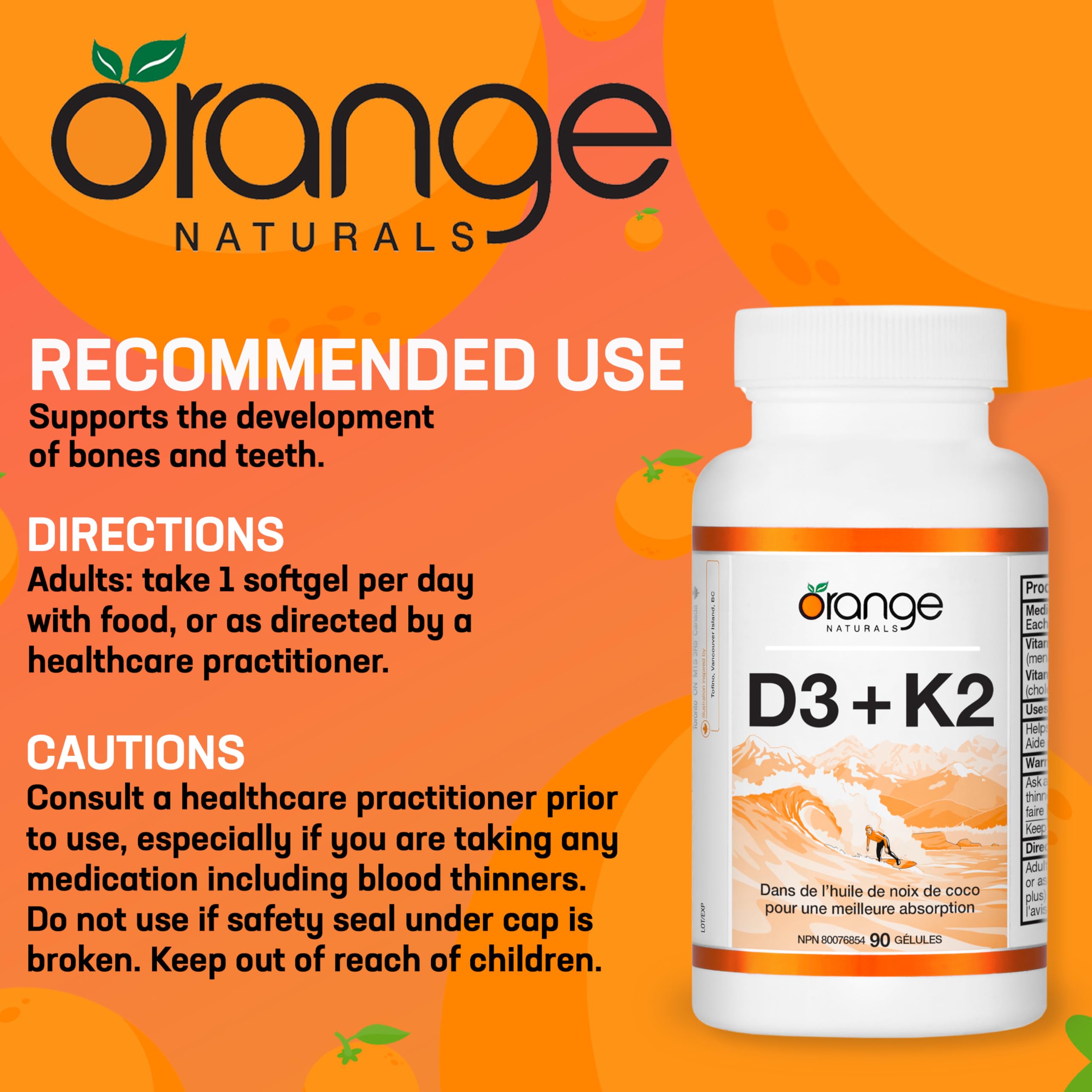 Orange Naturals - Vitamin D3+K2 with Organic Coconut Oil, 90 Softgels 90-Day Supply - Support Bone and Teeth Health, Maintain Muscle, Enhanced Absorption and Prevent D Deficiency Cholecalciferol