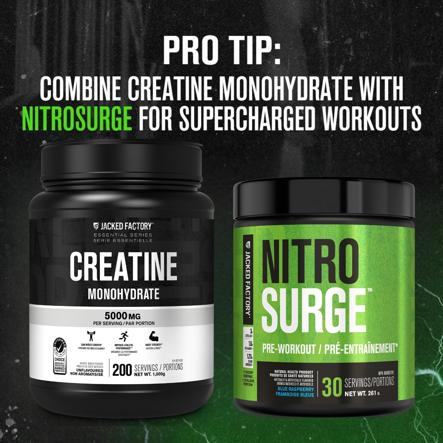 Jacked Factory Creatine Monohydrate Powder 1000g - Canadian-Owned Informed Choice Certified Supplement for Increased Muscle Mass*, Improved Strength, Power, & Performance** - 200 Servings, Unflavored