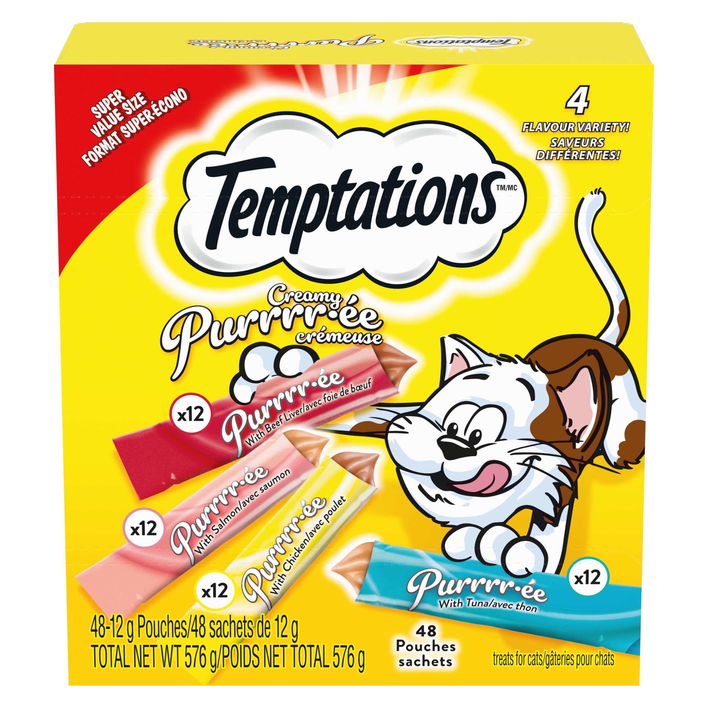 Temptations Creamy Puree Adult Lickable Cat Treats with Beef Liver, & Salmon, & Chicken & Tuna Variety Pack, 48 Pouches, 576g