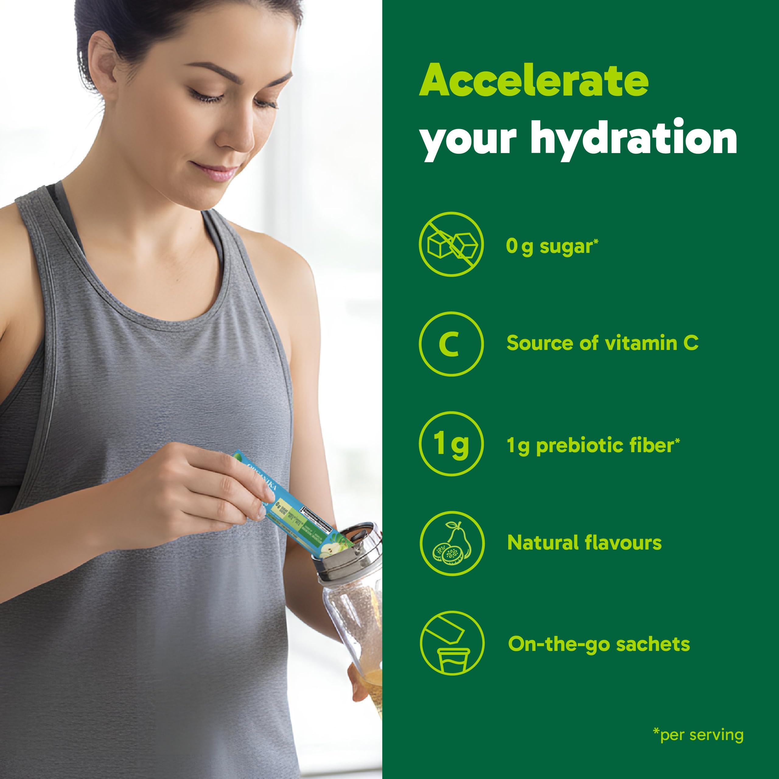 Organika Canadian-Made Electrolytes Powder with Vitamin C & Prebiotic Fibre - Sugar-Free Hydration Drink Mix - Cucumber Pear- 20 Single-Serve Sachets x 3.5g