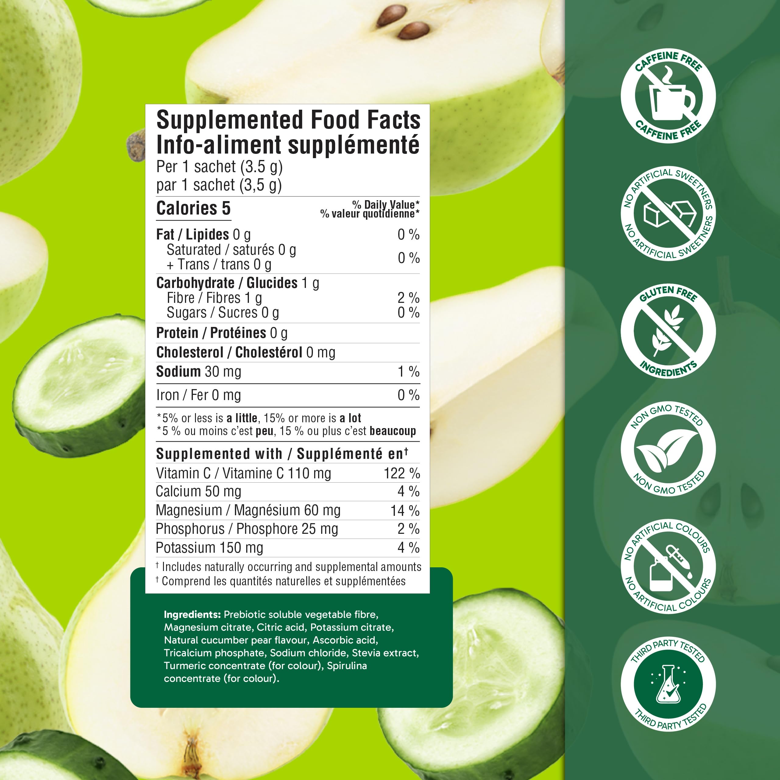 Organika Canadian-Made Electrolytes Powder with Vitamin C & Prebiotic Fibre - Sugar-Free Hydration Drink Mix - Cucumber Pear- 20 Single-Serve Sachets x 3.5g