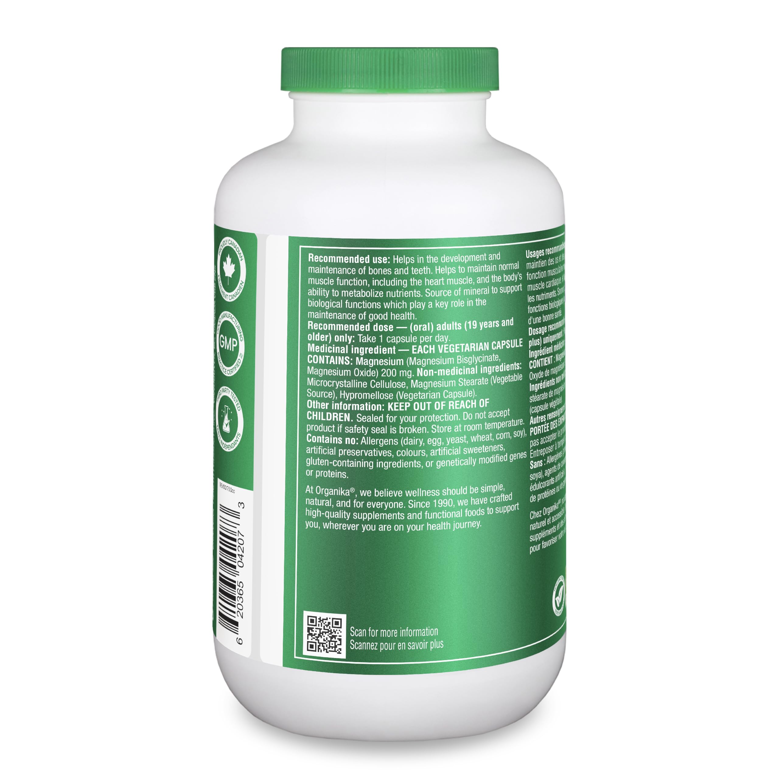 Organika Canadian-Made Magnesium Bisglycinate - 200mg, High Absorption, Muscle Recovery, Heart Support, 300vcaps