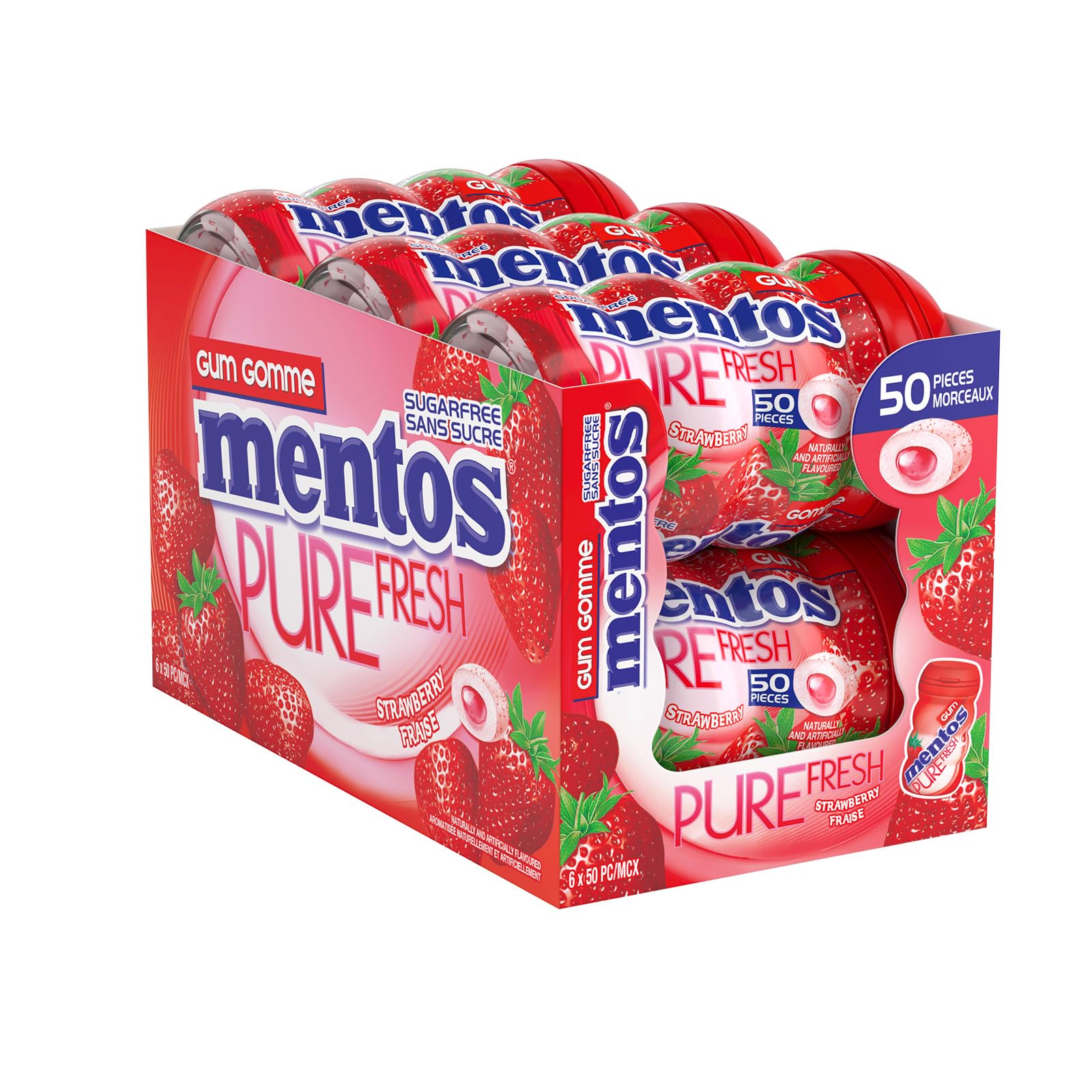 Mentos Pure Fresh, Strawberry Sugar-free Gum - Pack of 6 Bottles (300 Pieces)