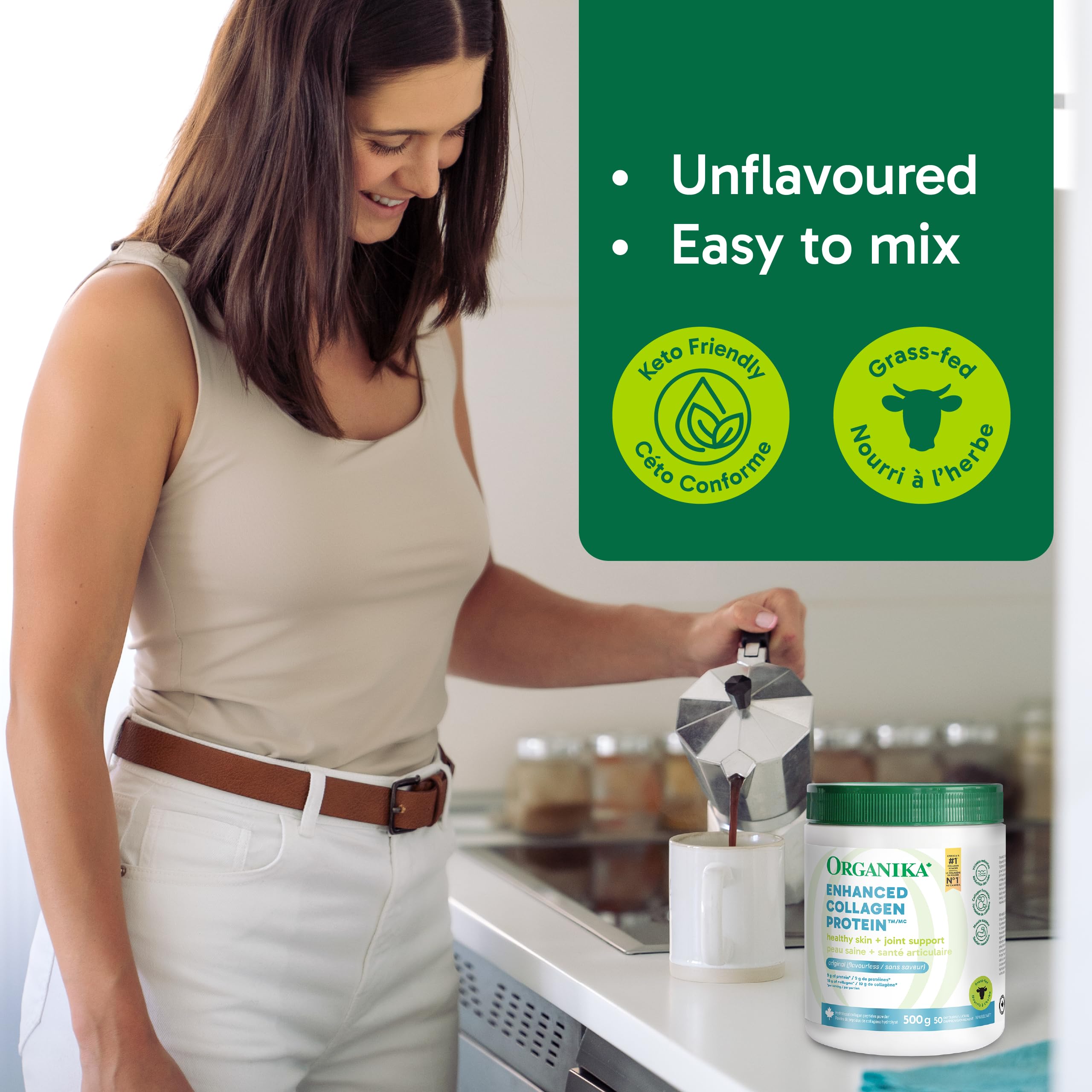 Organika Enhanced Collagen Peptides Powder (Type 1 & 3) – 10g Per Serving for Hair, Skin, Nails & Joints – Canadian-Made, Grass-Fed, Non-GMO, 500g