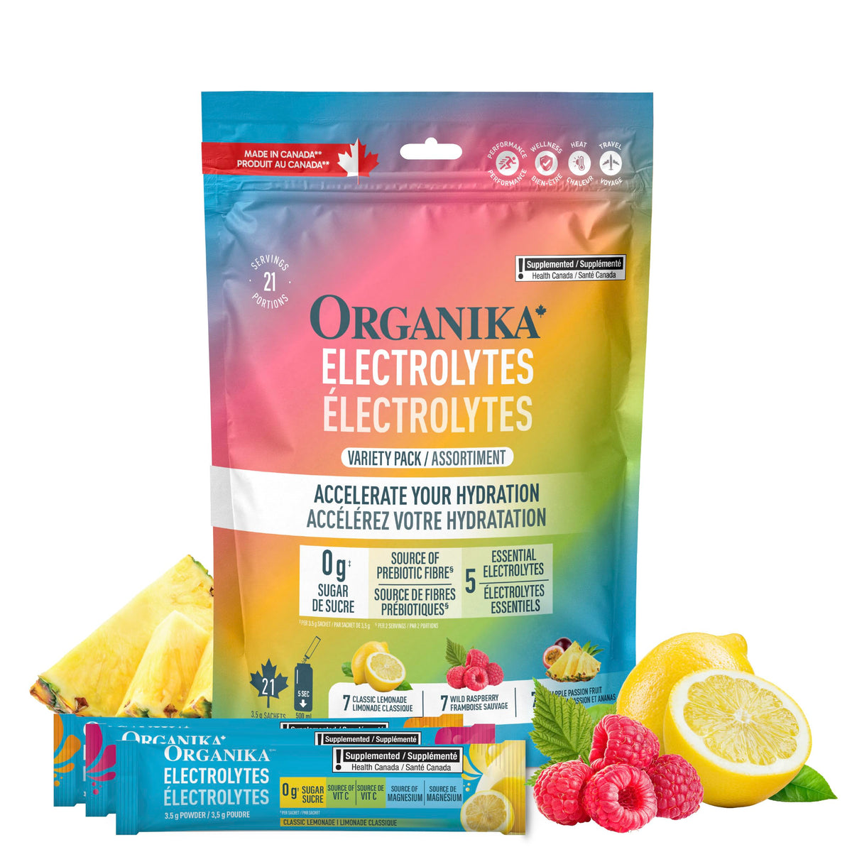 Organika Canadian-Made Electrolytes Powder with Vitamin C & Prebiotic Fibre - Sugar-Free Hydration Drink Mix Variety Pack - Lemonade, Raspberry & Pineapple Passionfruit - 21 Single-Serve Sachets x 3.5g