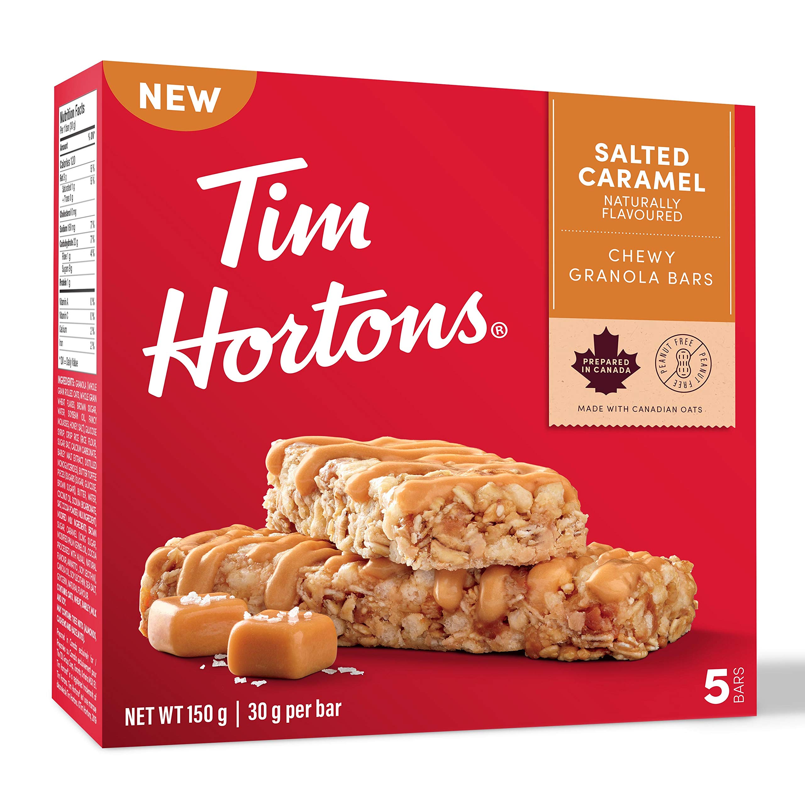 Tim Hortons Salted Caramel Granola Bars, Peanut Free, 5 Count, Imported from Canada)