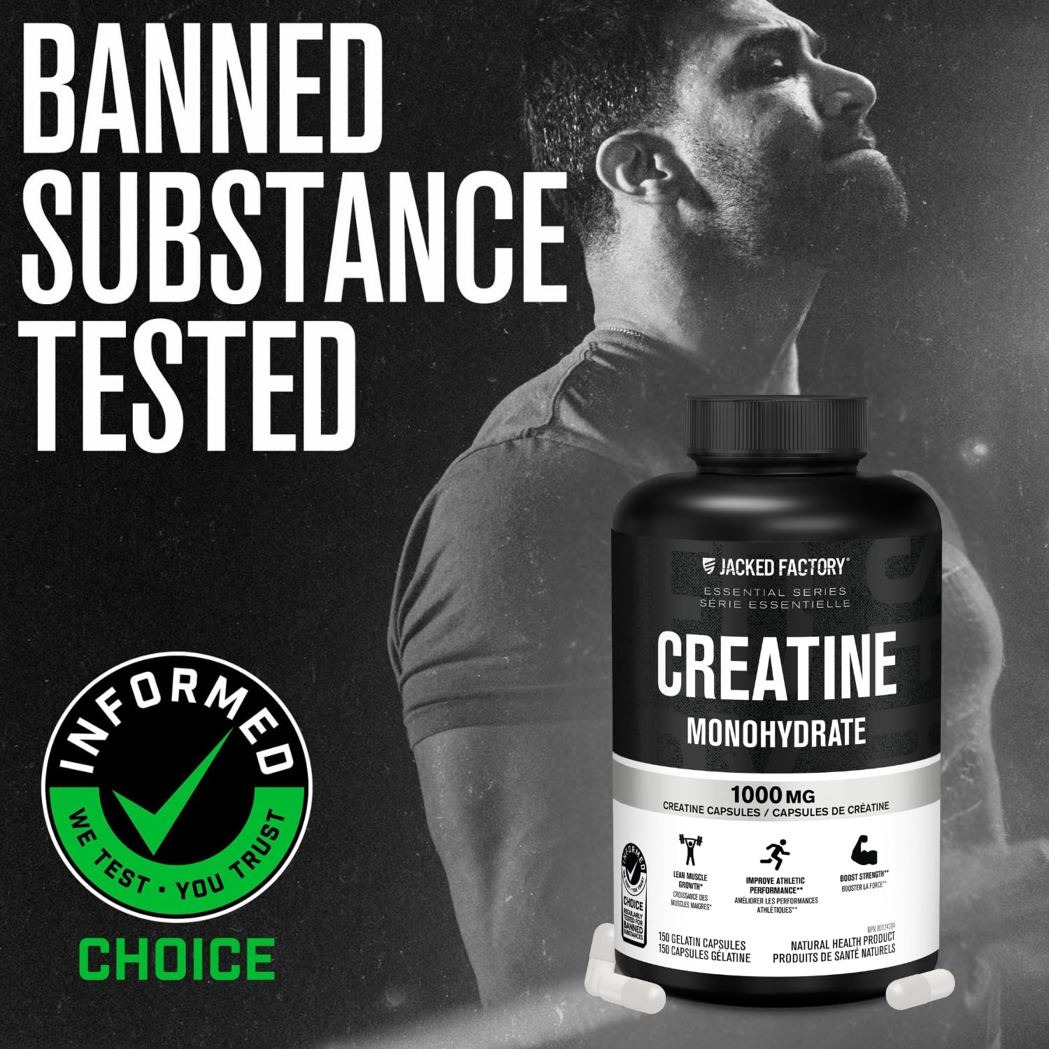 Jacked Factory Creatine Monohydrate Capsules - Canadian-Owned Supplement for Muscle Growth, Increased Strength, Enhanced Energy Output, and Improved Athletic Performance - 150 Pills