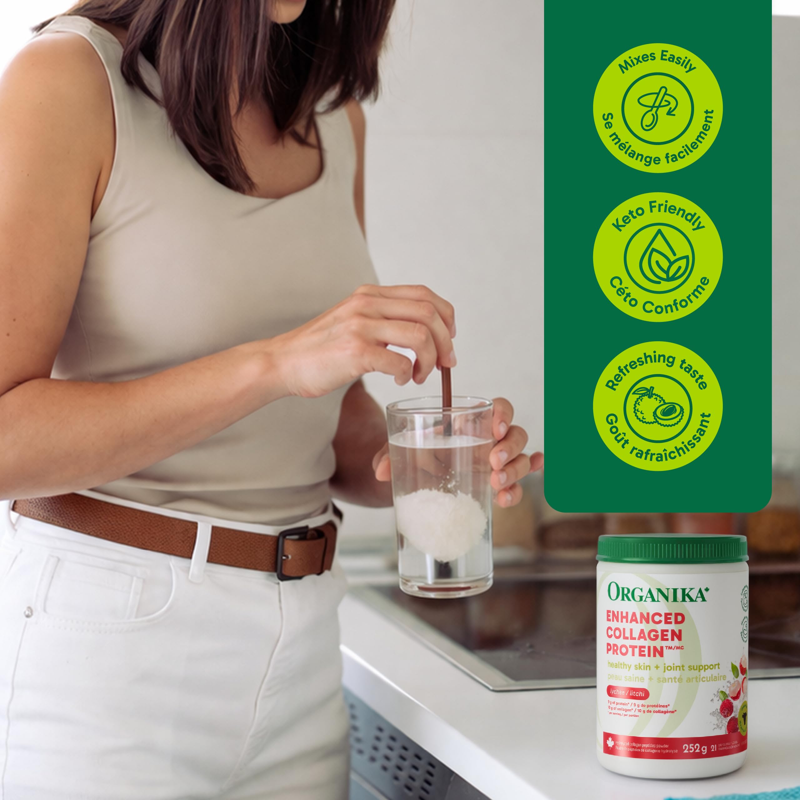 Organika Canadian-Made Enhanced Collagen Protein Powder- Lychee Flavour - Delicious flavour, High Protein Content - Hydrolyzed For Better Absorption – Grass-Fed, Non-GMO - 252g