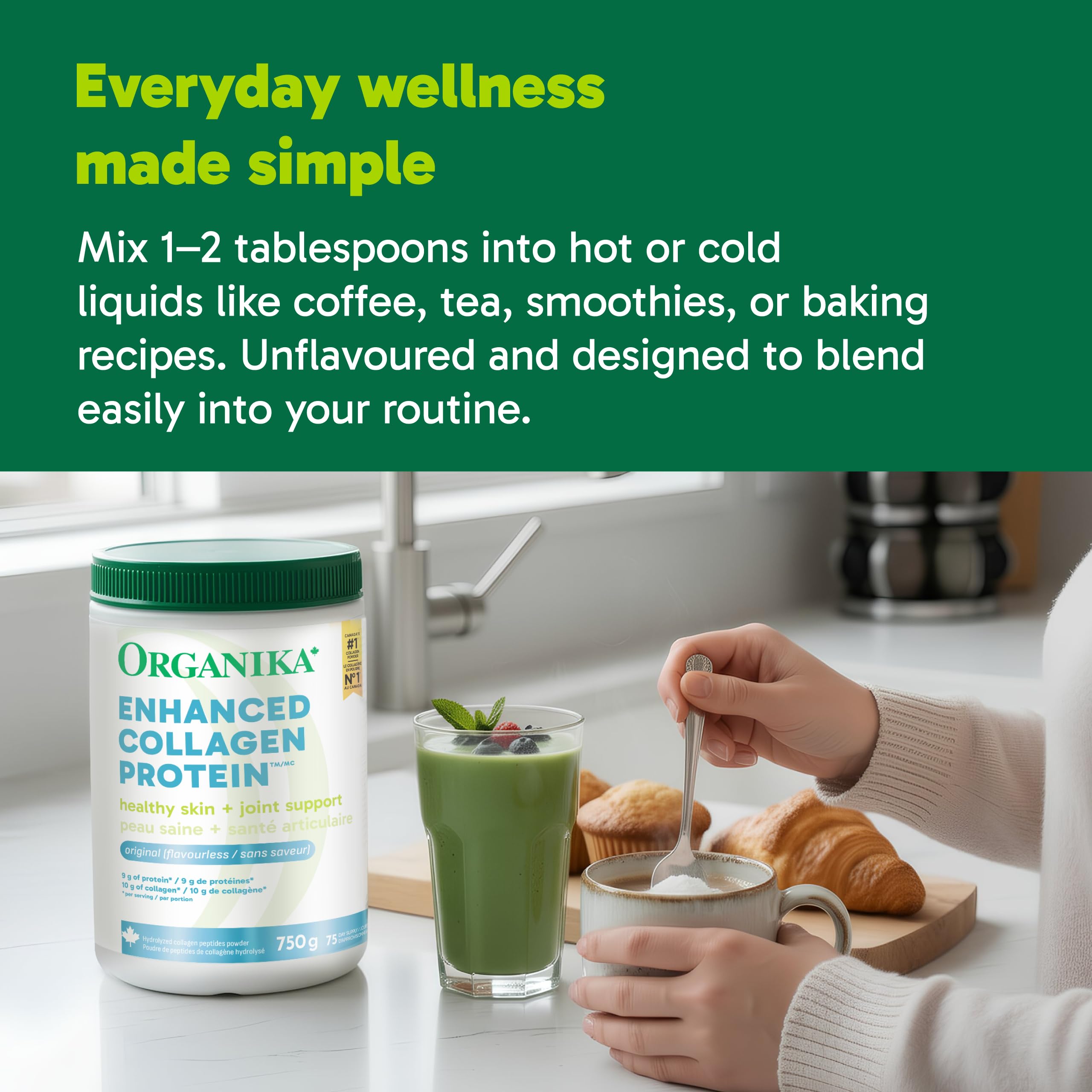 Organika Enhanced Collagen Powder (Type 1 & 3) – 10g Per Serving for Hair, Skin, Nails & Joints – Canadian-Made, Grass-Fed, Non-GMO, 750g