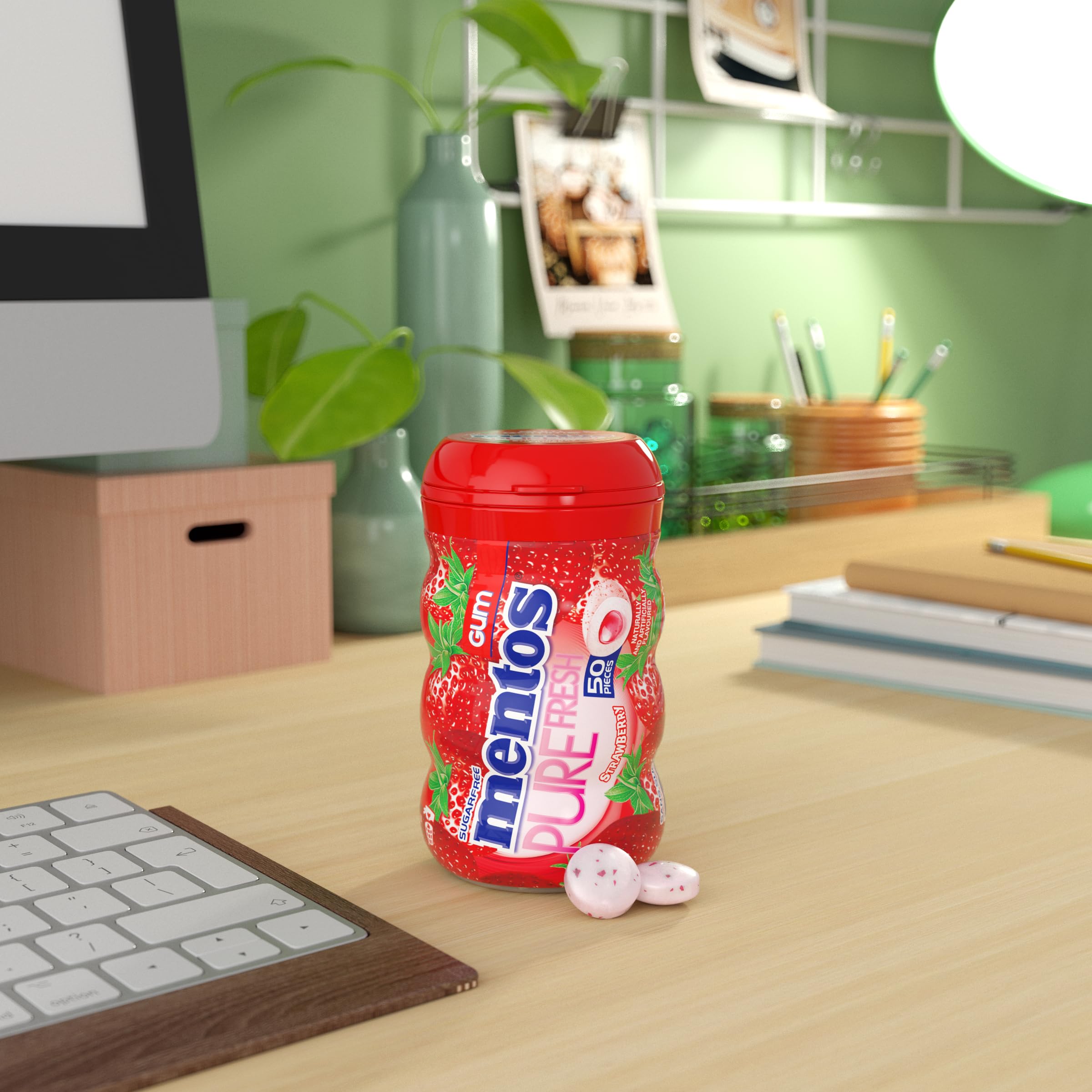 Mentos Pure Fresh, Strawberry Sugar-free Gum - Pack of 6 Bottles (300 Pieces)