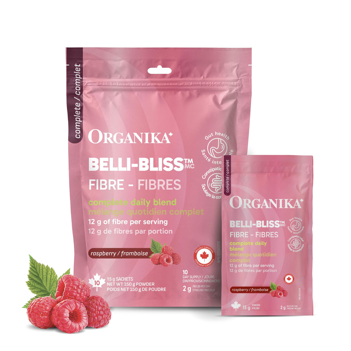 Organika Canadian-Made Belli Bliss Fibre | High Fibre Blend, 4 Diverse Sources of Fibre | Supports Digestive Health, Constipation Relief, Weight Control - Raspberry, 10 x 15g sachets