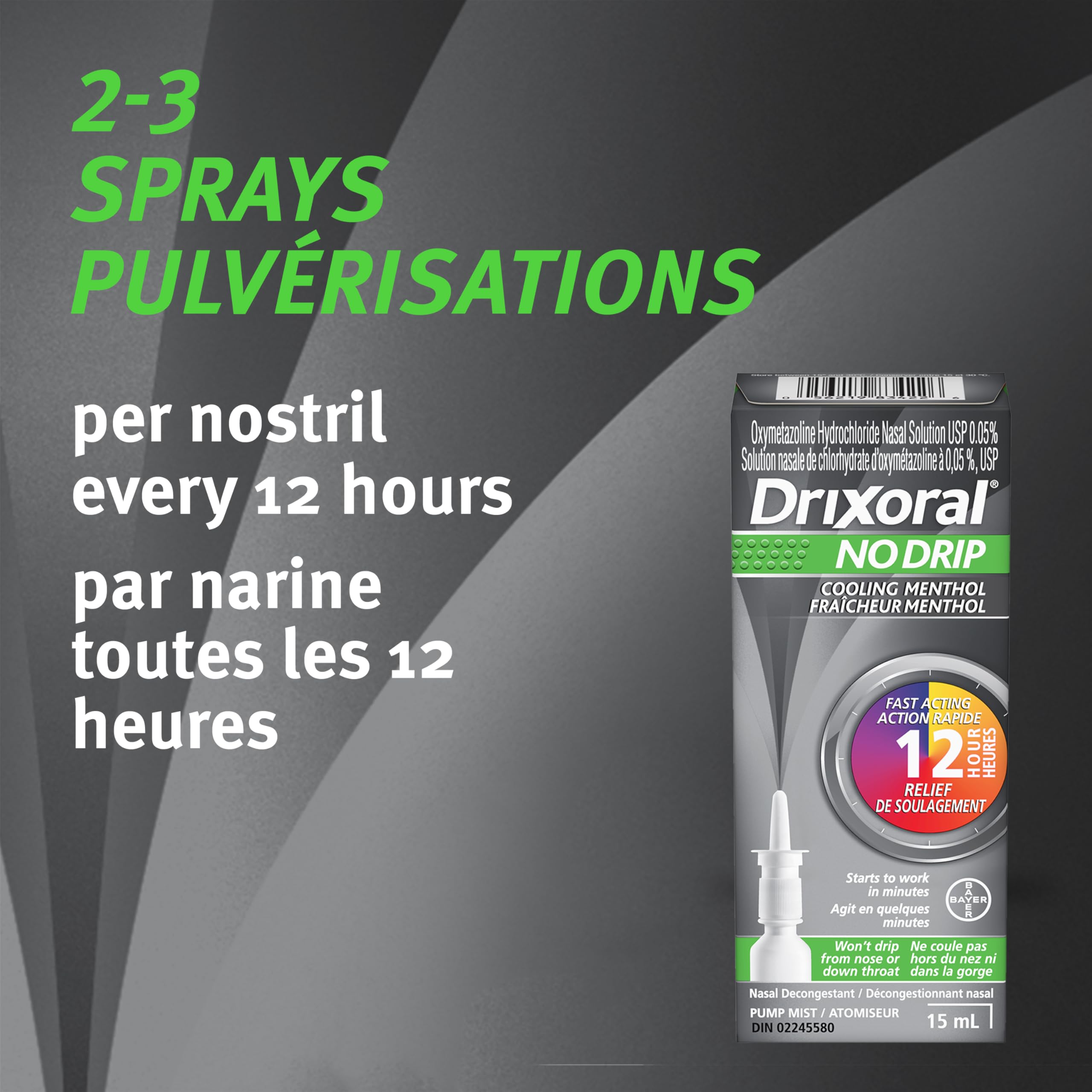 Drixoral No Drip Cool Menthol Spray, Cooling Sensation with 12 Hour Relief, 15ml