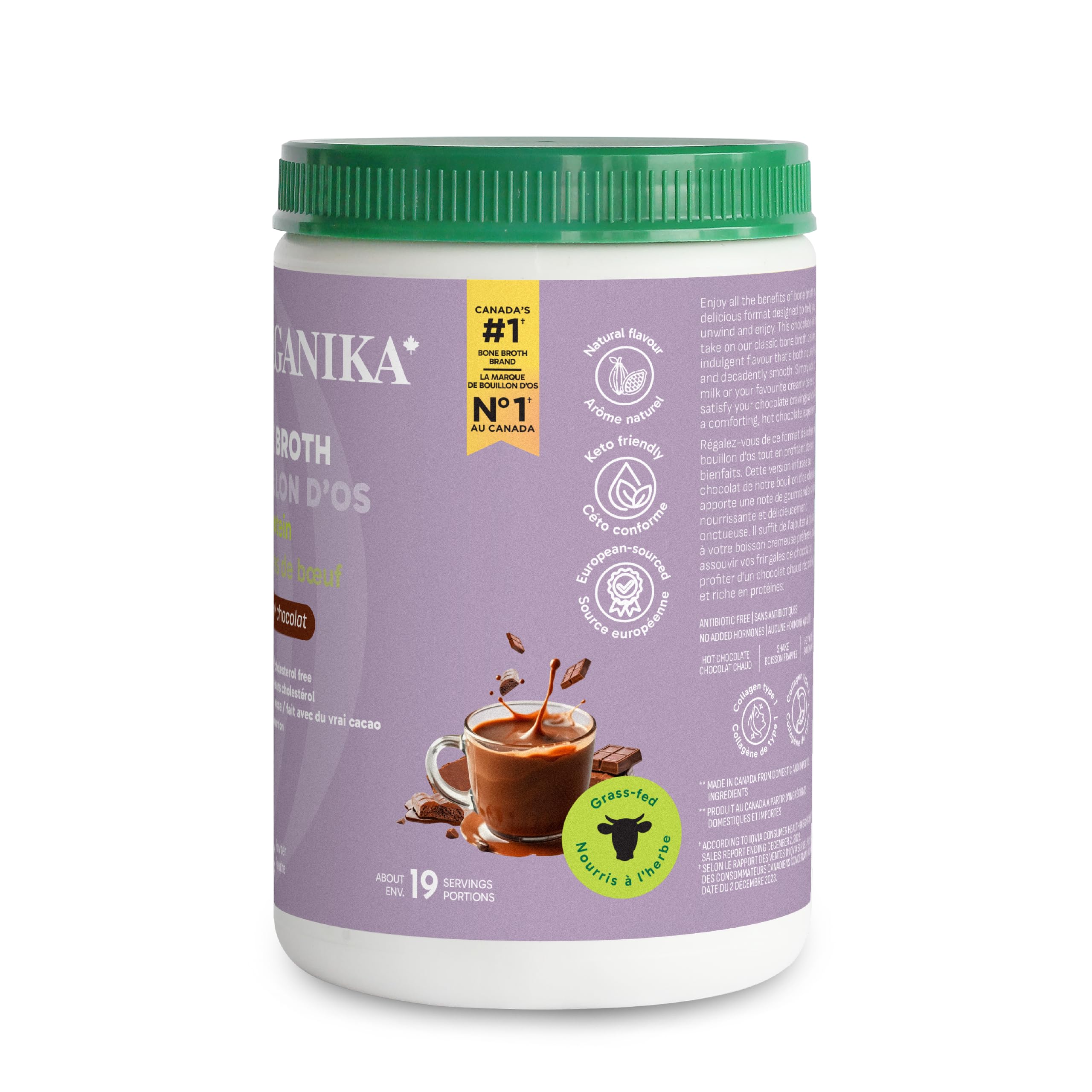 Organika Canadian-Made Beef Bone Broth Powder Chocolate Flavour- 15g Protein per Serving and Collagen Rich with Glucosamine and Hyaluronic Acid, from Grass-Fed Cattle, Keto Friendly- 300g