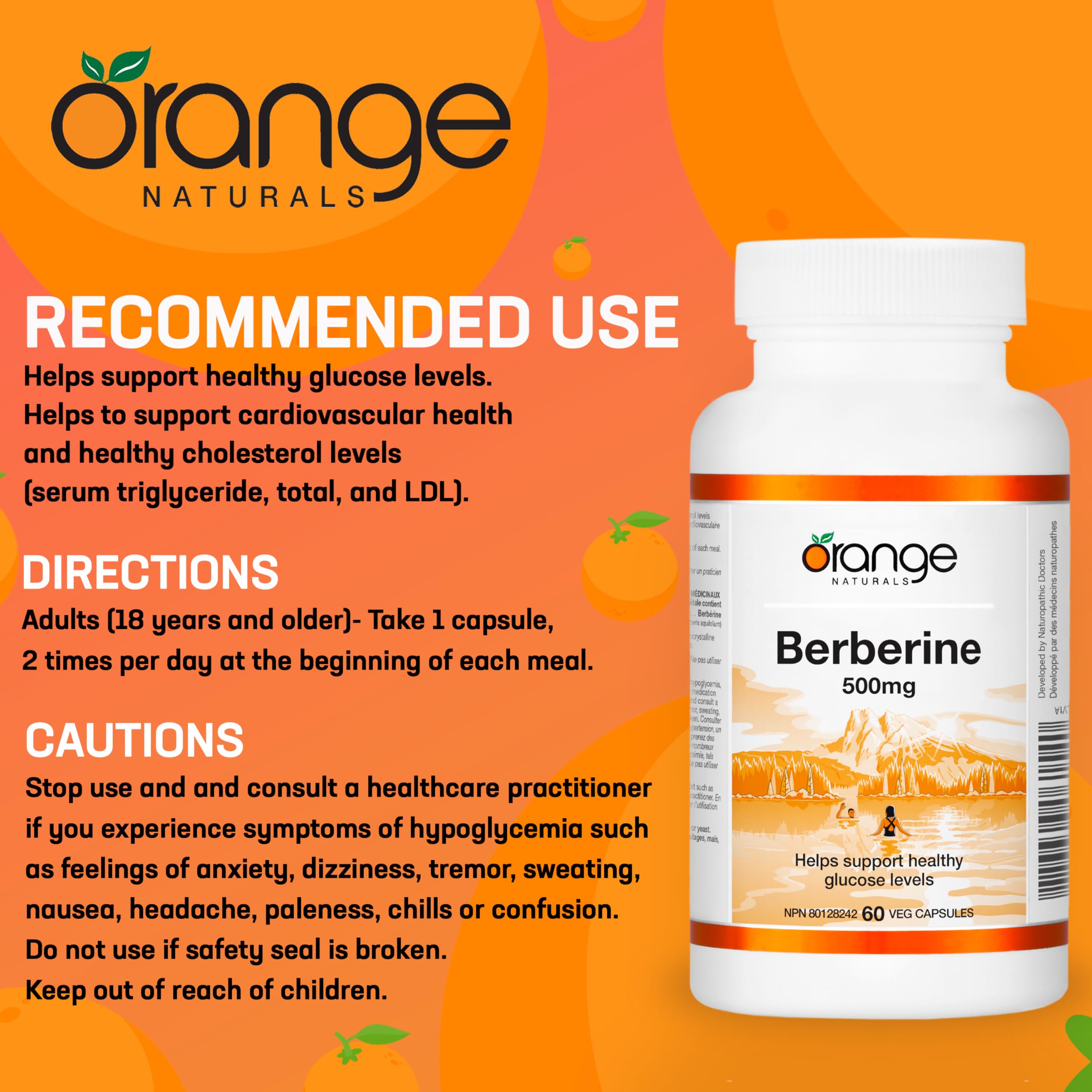 Orange Naturals - Berberine 500mg, 60 Capsules 30-Day Supply - Berberine Helps Support Healthy Glucose Levels, Cholesterol Levels & Cardiovascular Health - Vegan & Non-GMO - Natural Metabolic Support