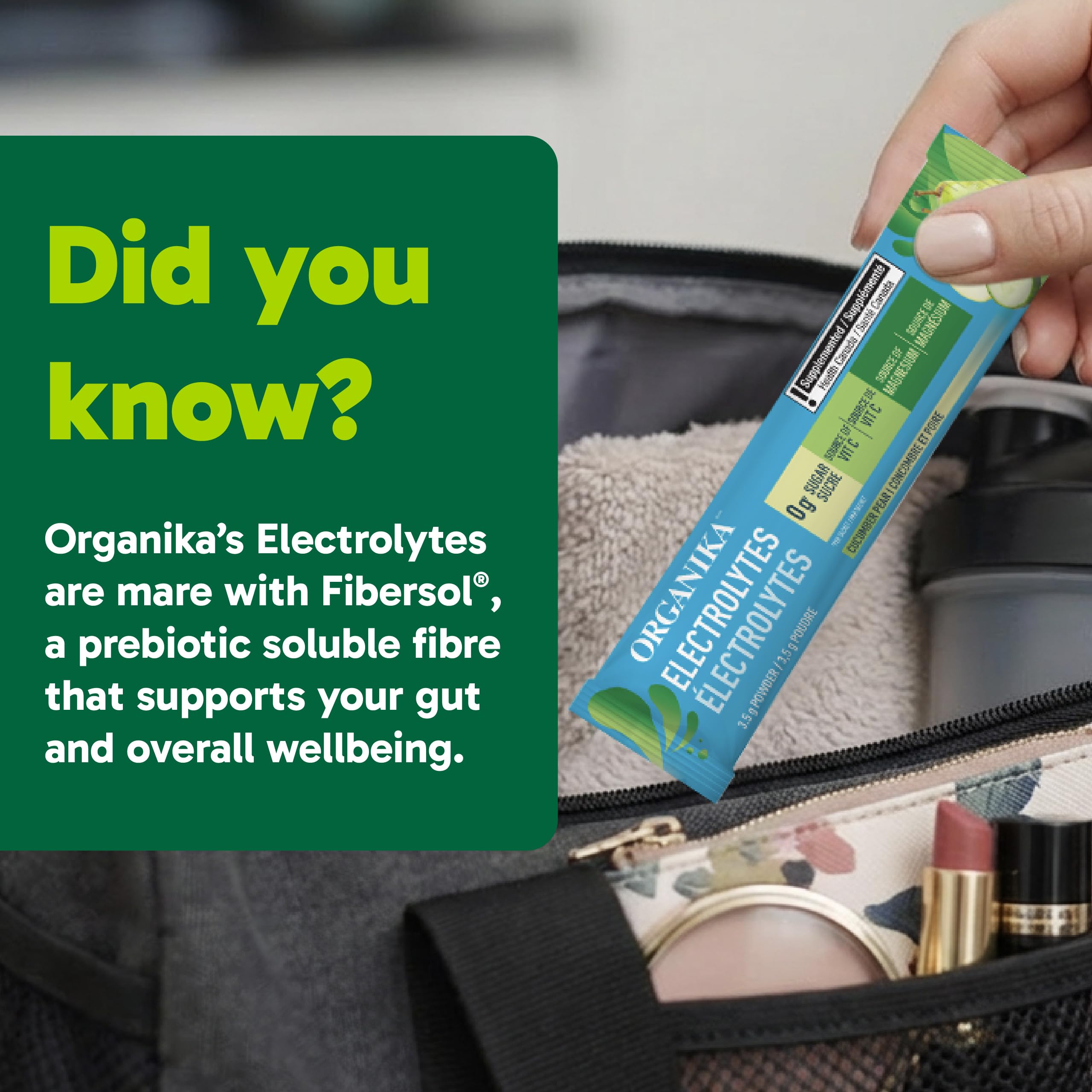 Organika Canadian-Made Electrolytes Powder with Vitamin C & Prebiotic Fibre - Sugar-Free Hydration Drink Mix - Cucumber Pear- 20 Single-Serve Sachets x 3.5g