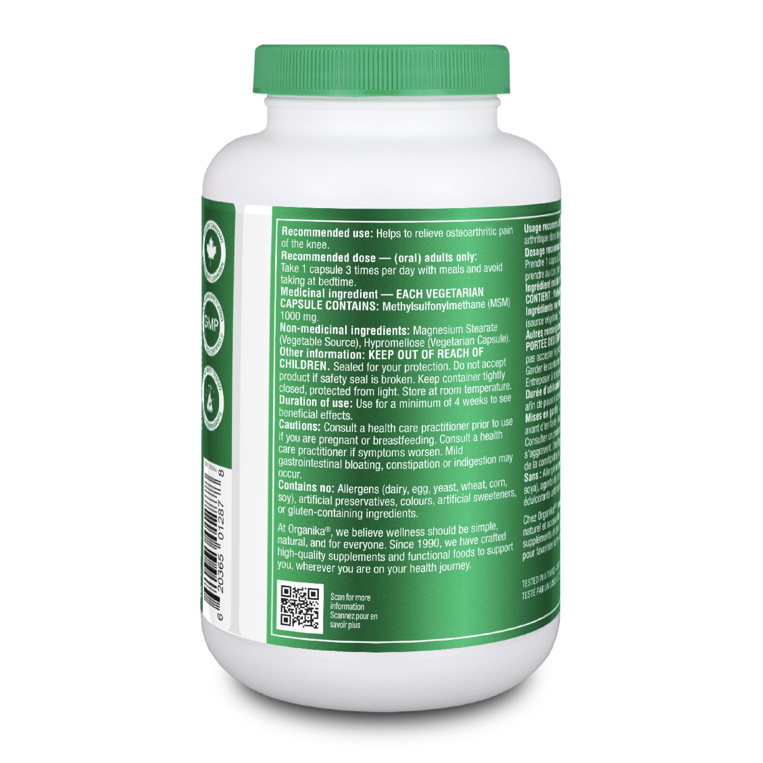 Organika MSM - Joint Support and Inflammation Relief Supplement | Supports Healthier Joints, Bones and Cartilage | Stronger Hair, Skin and Nails | Potent Antioxidant | 1,000mg of MSM - 180 vcaps